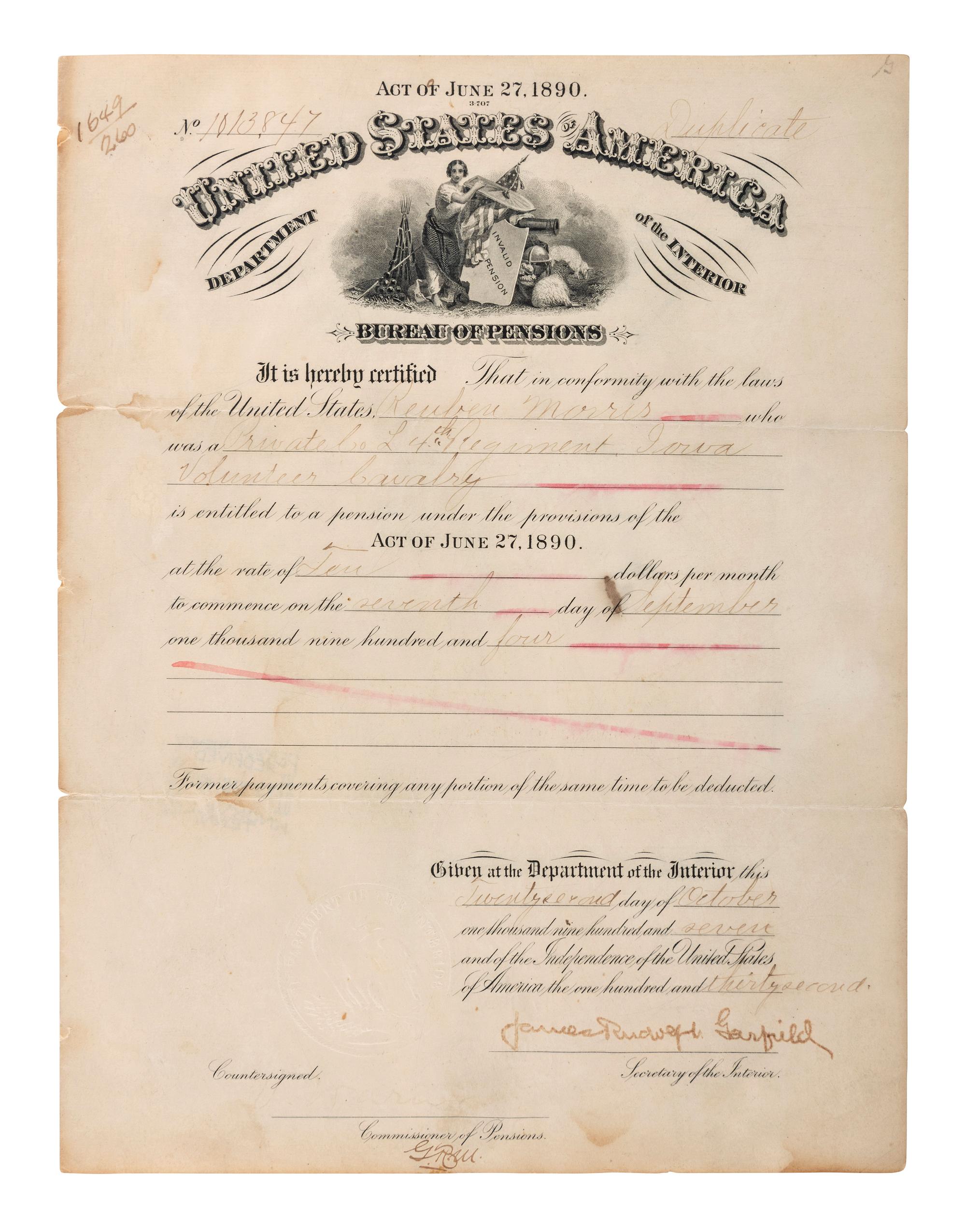 [CIVIL WAR]. A group of 5 items identified to Private Reuben Morris (3), 4th Iowa Cavalry, and John Spence, 24th Kentucky Infy., DOW, incl. photographs and documents.