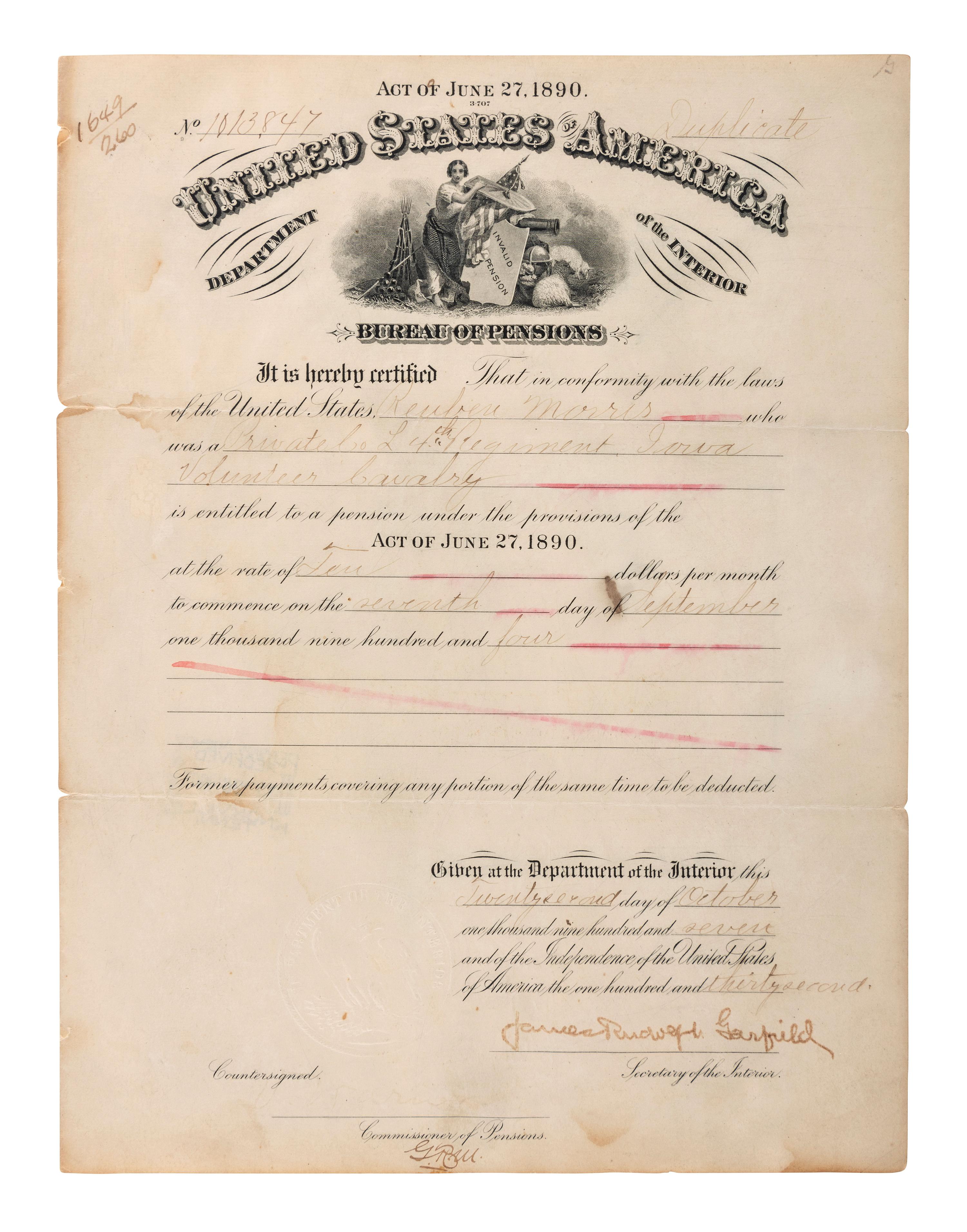 [CIVIL WAR]. A group of 5 items identified to Private Reuben Morris (3), 4th Iowa Cavalry, and John Spence, 24th Kentucky Infy., DOW, incl. photographs and documents.