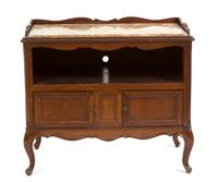 A French Provincial Style Marble Top Bedside Cabinet Height 29 1/2 x width 33 1/2 x depth 19 inches.