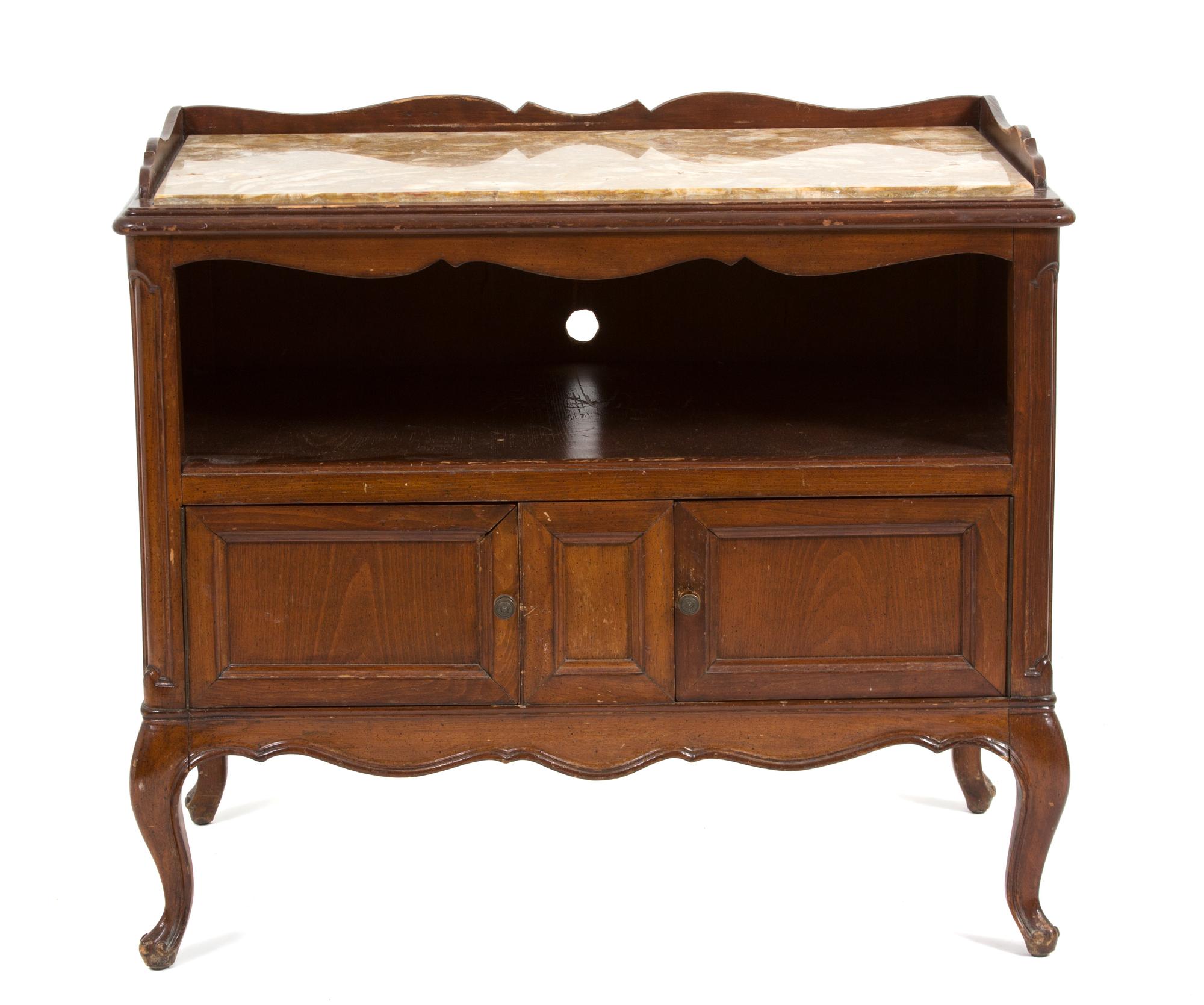 A French Provincial Style Marble Top Bedside Cabinet Height 29 1/2 x width 33 1/2 x depth 19 inches.