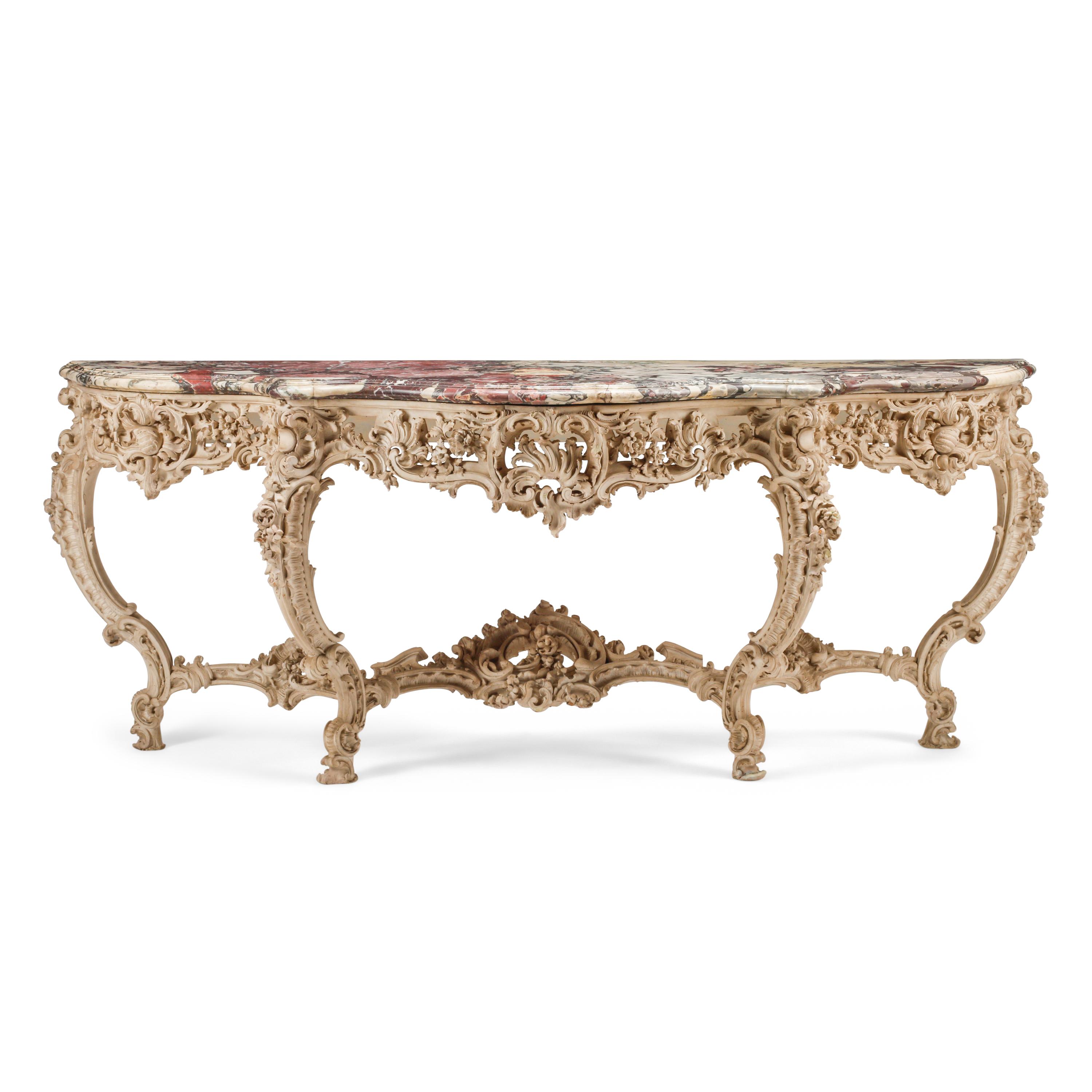 A Louis XV Style White-Painted Marble-Top Console Table
