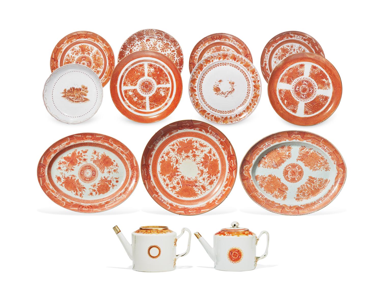 An Assembled Collection of Thirteen Chinese Export Porcelain Orange Palette and Fitzhugh Tablewares, Circa 1800