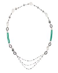 An 18 Karat White Gold, Cultured Pearl, Diamond, Black Diamond, Emerald and Onyx Longchain, 43.10 dwts.