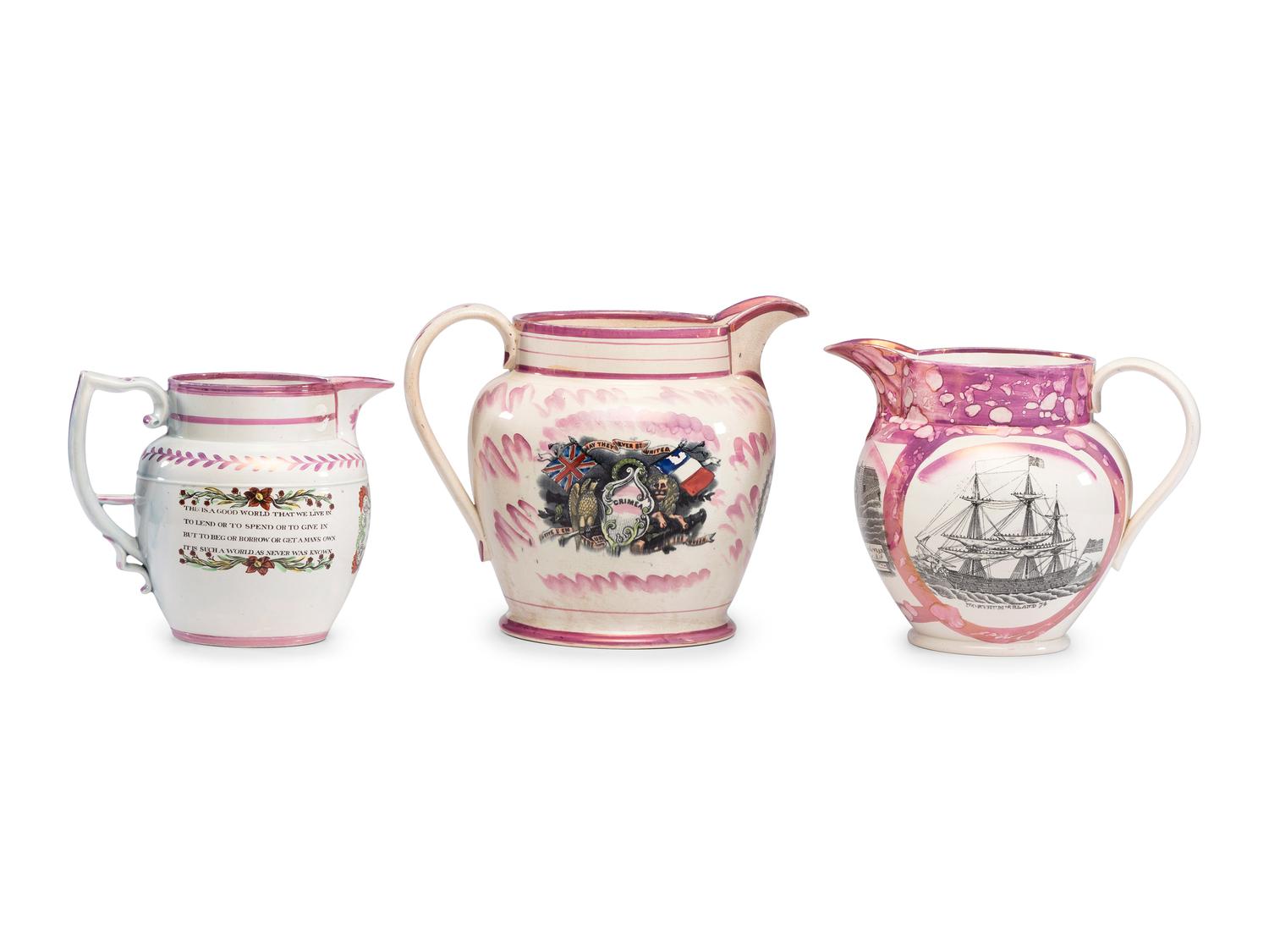 Three Pink Lusterware Pitchers