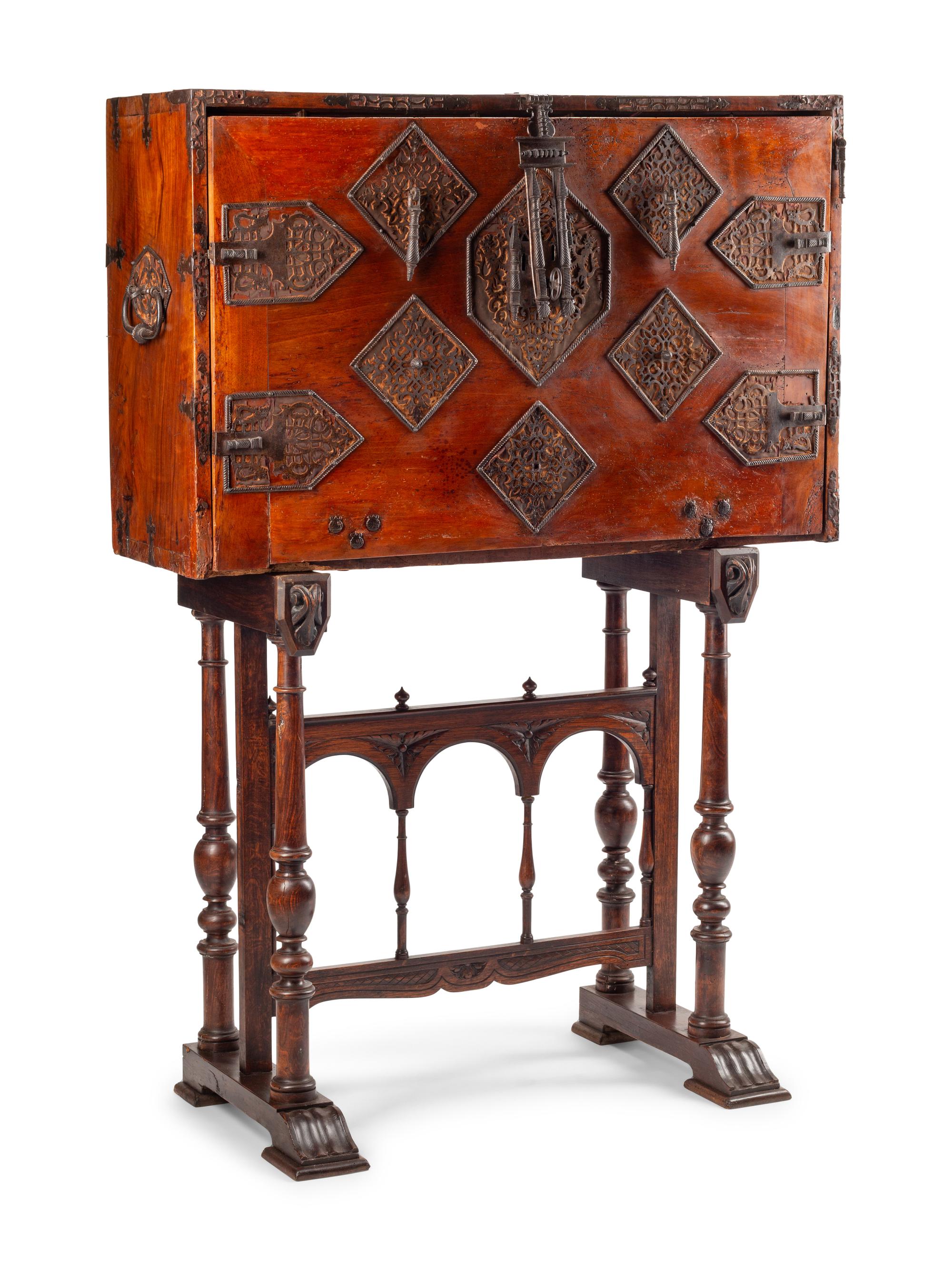 A Spanish Baroque Walnut Vargueño on Stand