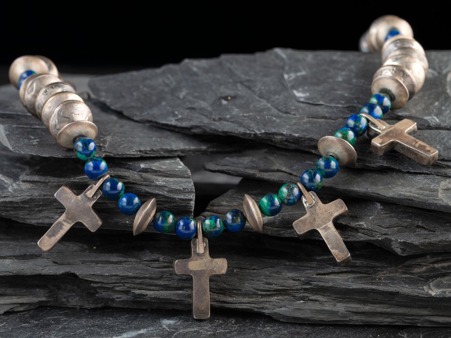 Mercury Dime, Lapis, and Azurite Cross Necklace