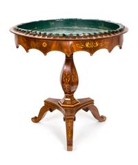 A German Mahogany and Marquetry Jardinière Height 32 x diameter 33 inches. — 19TH CENTURY