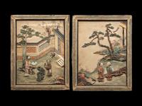 A Pair of Chinese Soapstone Embellished Panels and A Reverse Painting on Glass
