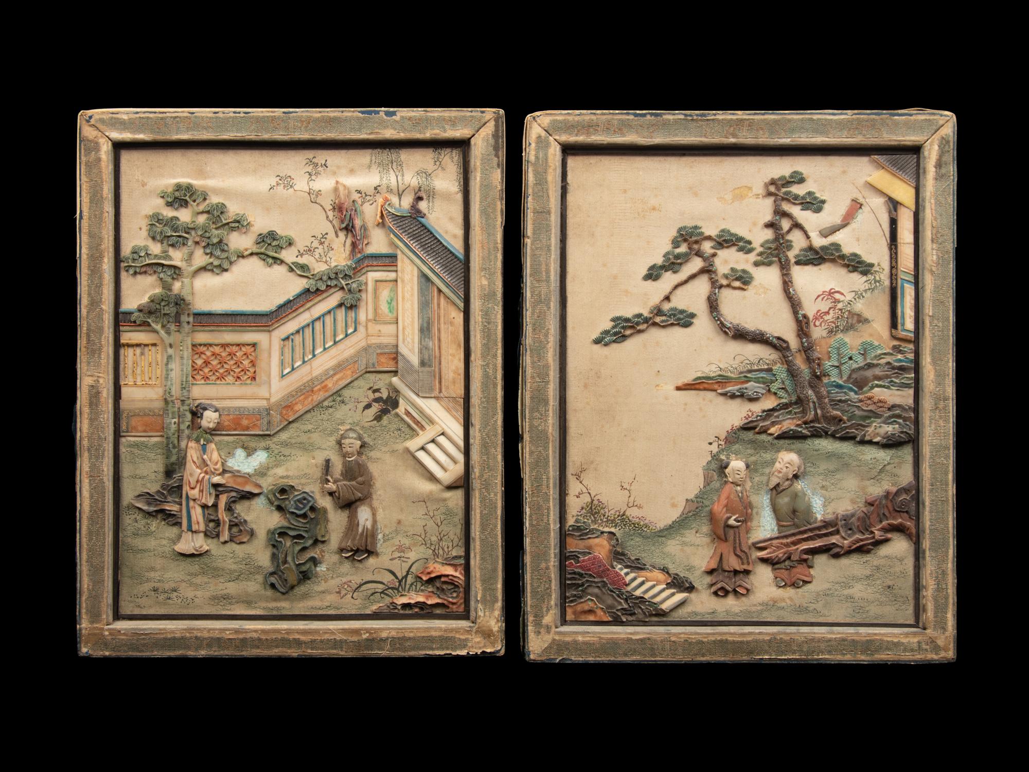 A Pair of Chinese Soapstone Embellished Panels and A Reverse Painting on Glass