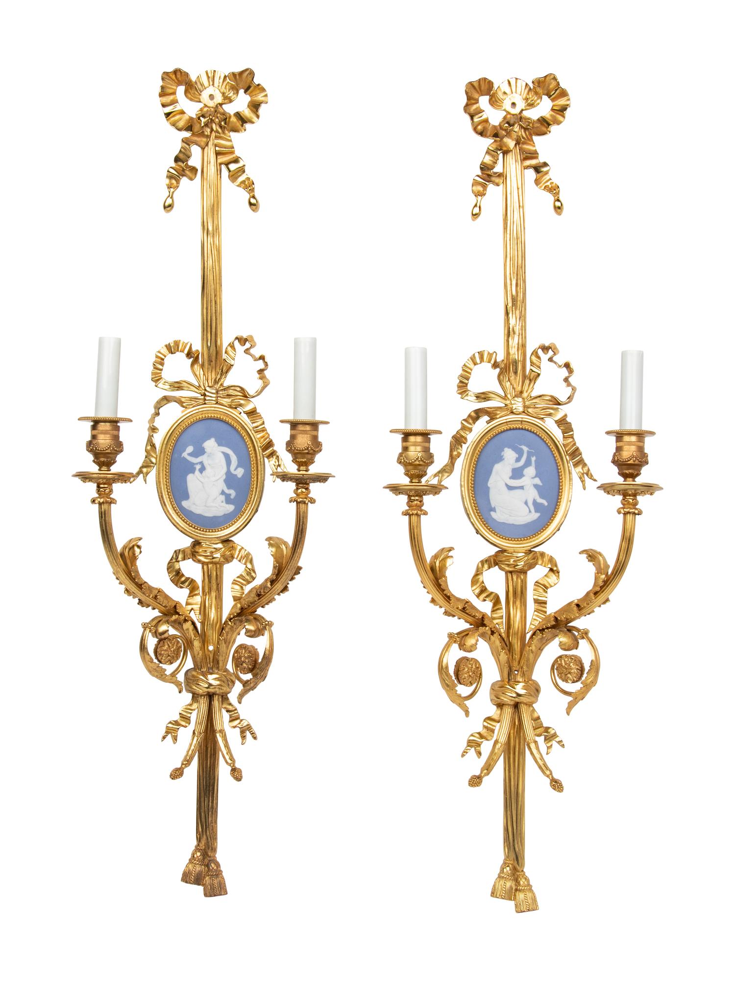 A Pair of Louis XVI Style Jasperware and Gilt Bronze Sconces