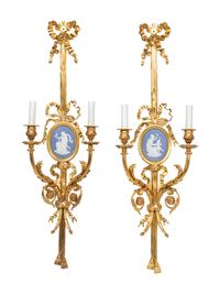 A Pair of Louis XVI Style Jasperware and Gilt Bronze Sconces