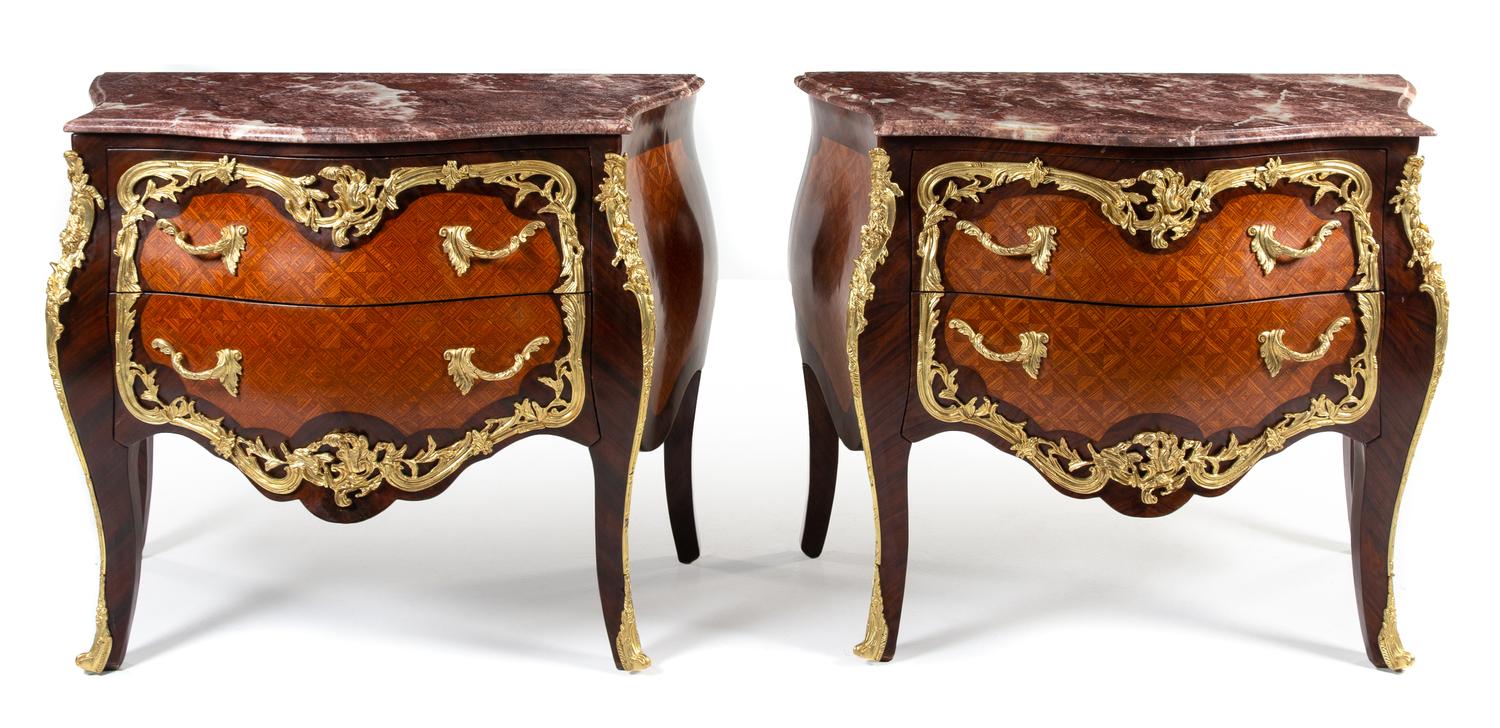 A Pair of Louis XV Style Gilt Bronze Mounted Commodes Height 32 1/2 x width 34 x depth 23 inches. — 20TH CENTURY