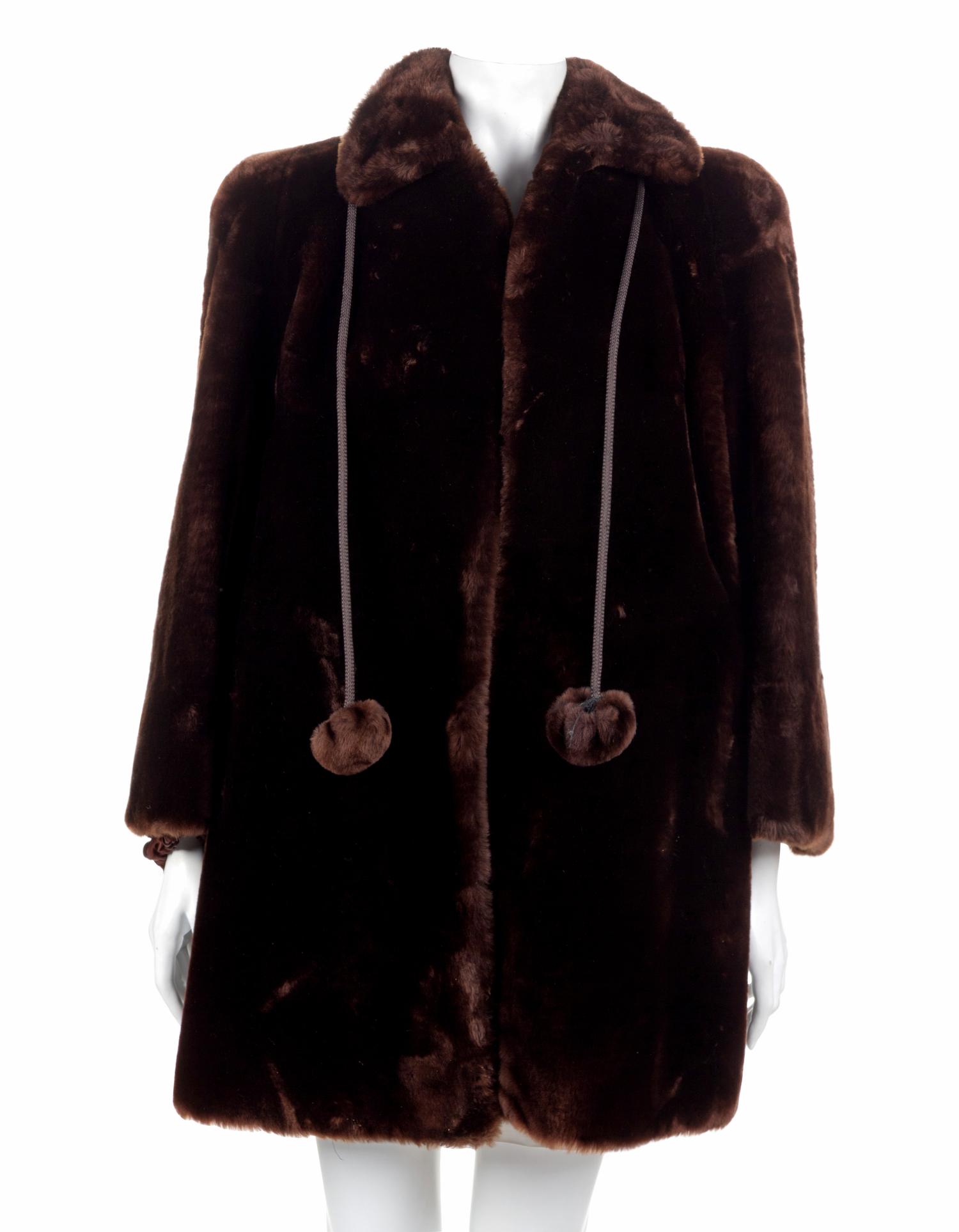 Dupler's Fine Furs Short Brown Fur Coat with Pompom Tie, 1970's