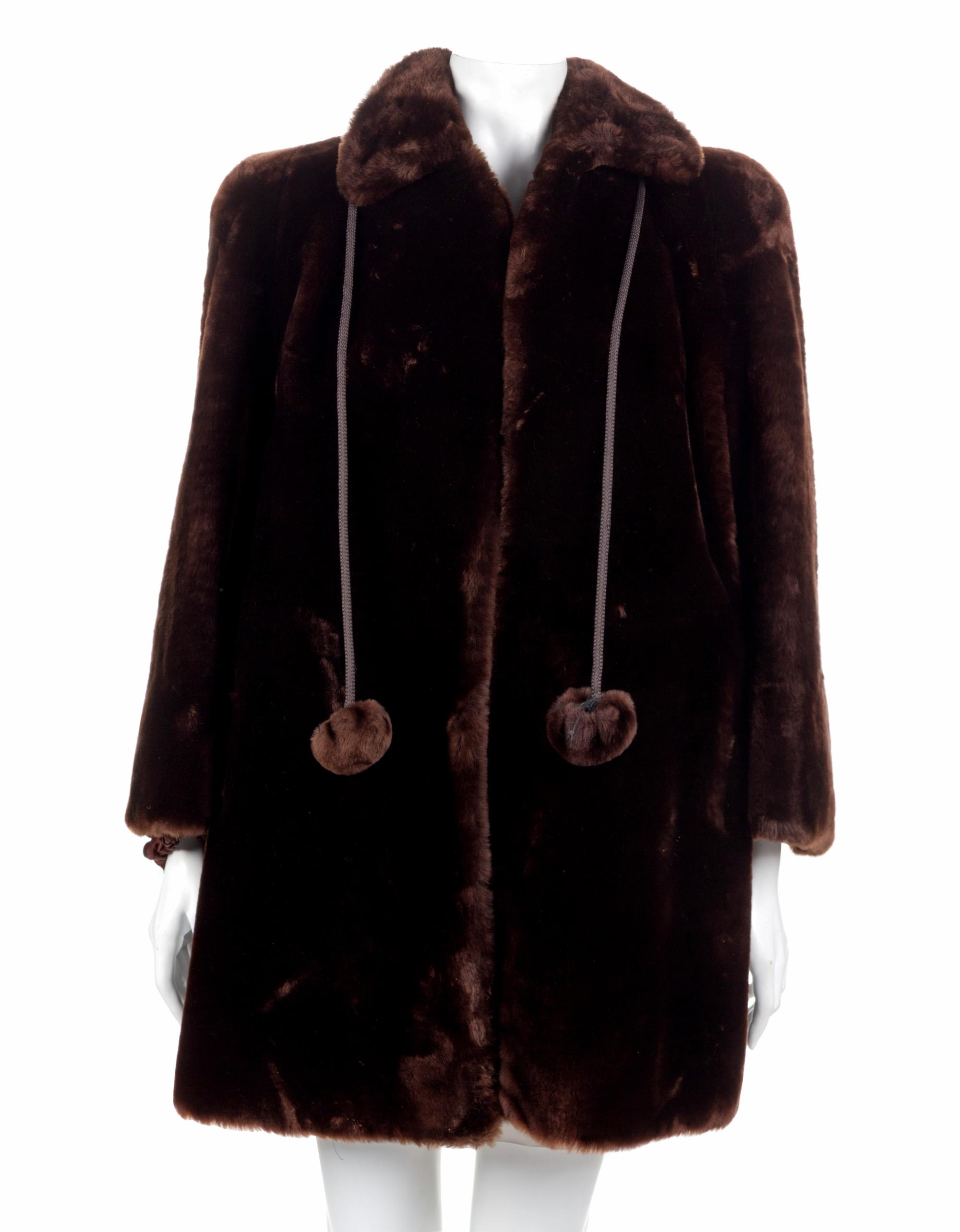 Dupler's Fine Furs Short Brown Fur Coat with Pompom Tie, 1970's