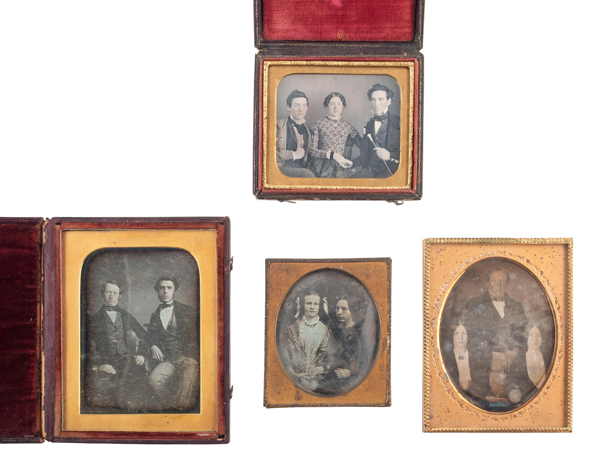 [EARLY PHOTOGRAPHY]. 19 daguerreotype portraits of interesting pairs and groups of subjects