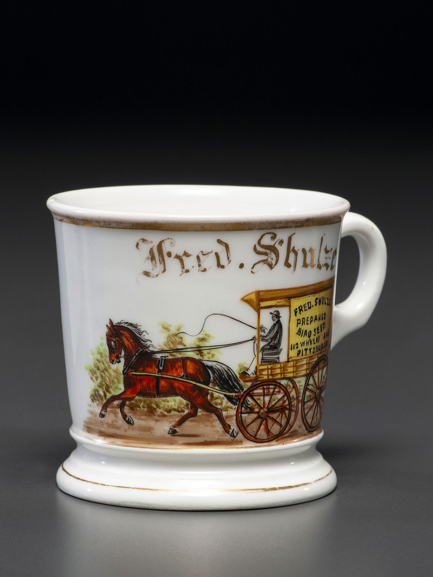 A Birdseed Salesman's Porcelain Occupational Shaving Mug Belonging to Fred Shulze