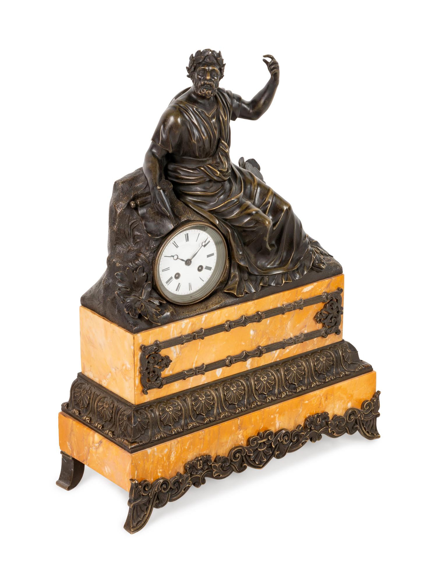 A Neoclassical Style Gilt and Patinated Bronze and Sienna Marble Mantel Clock