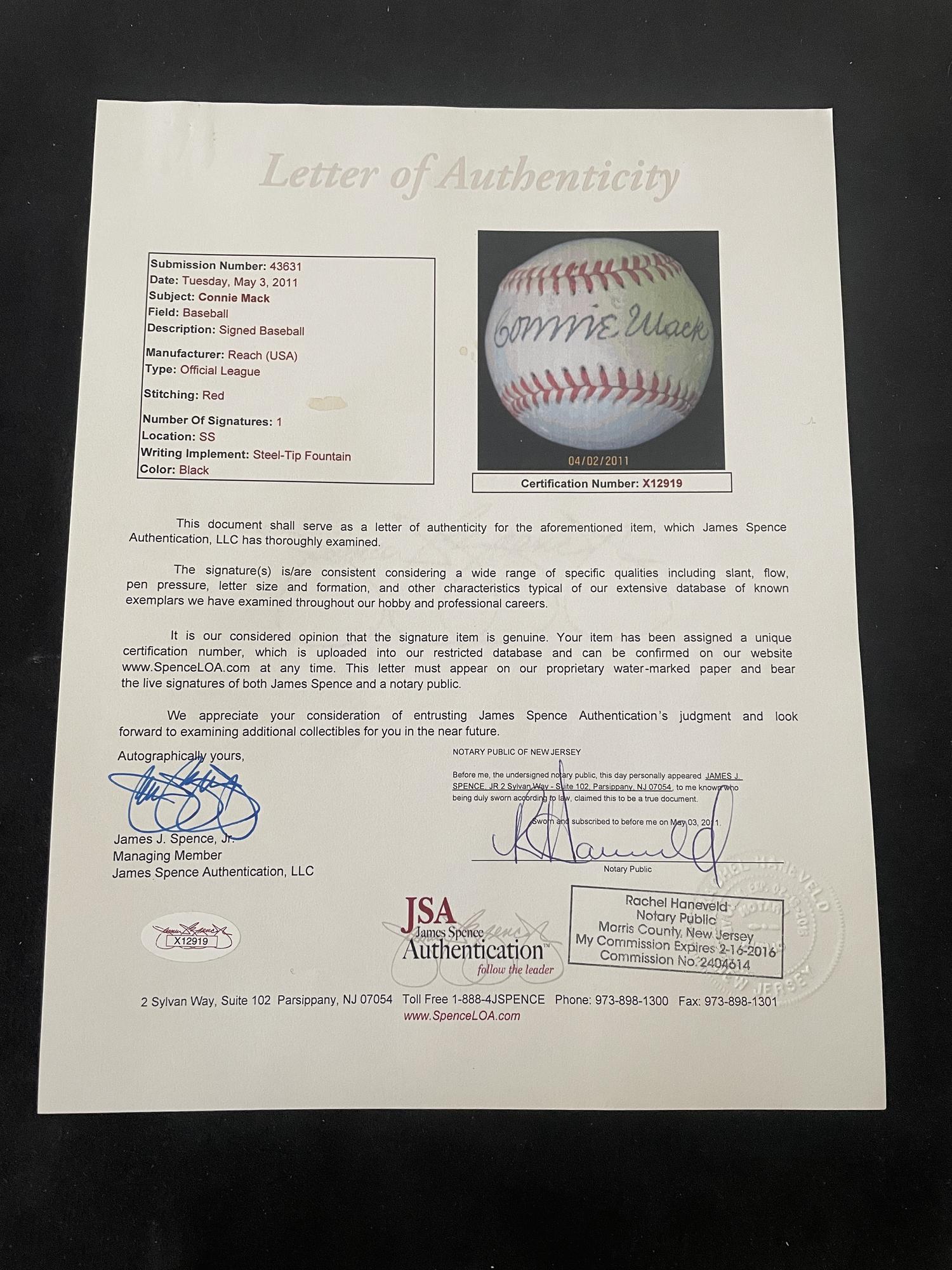 A Connie Mack Single Signed Autograph Baseball (JSA Letter)