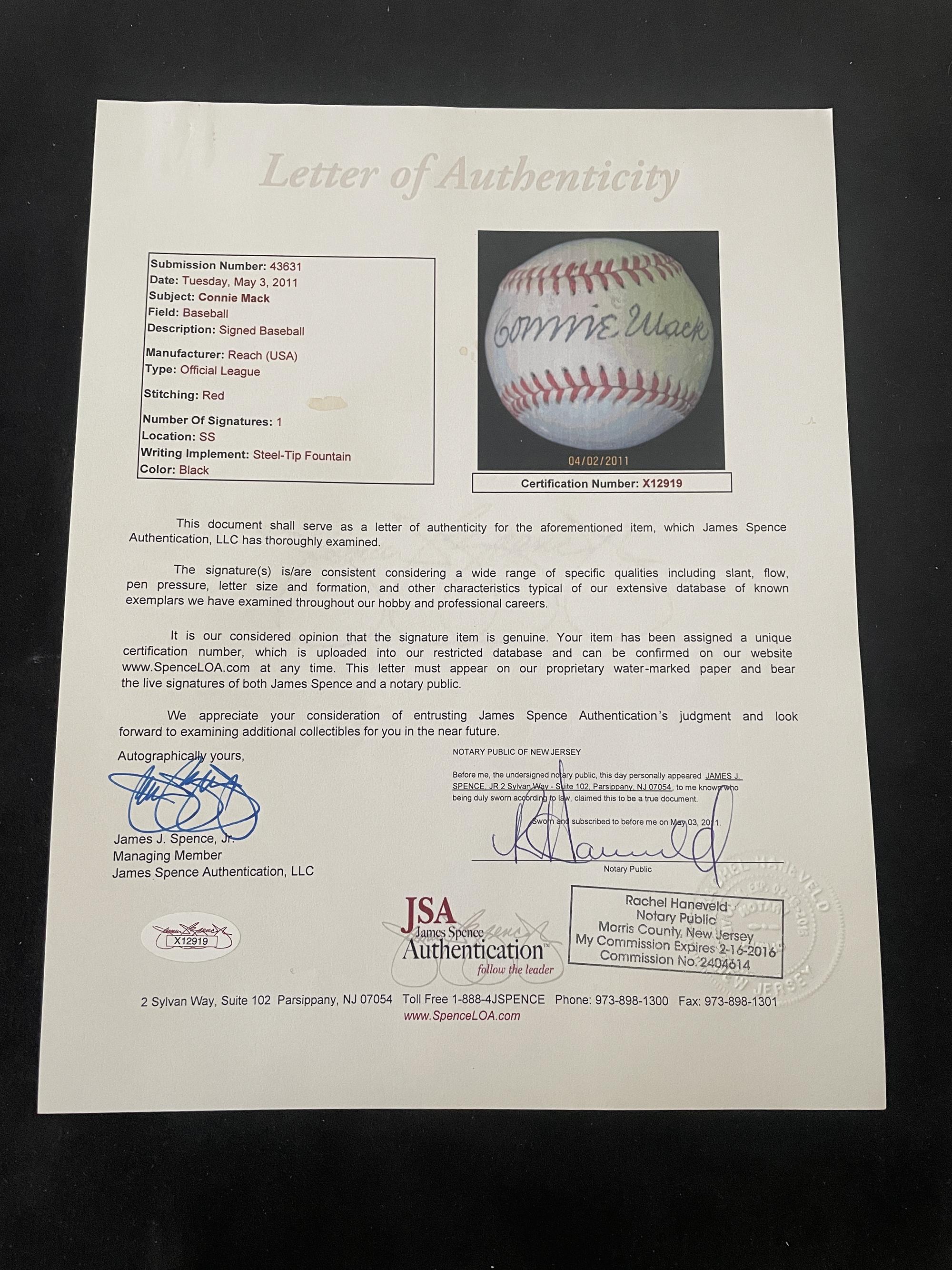 A Connie Mack Single Signed Autograph Baseball (JSA Letter)