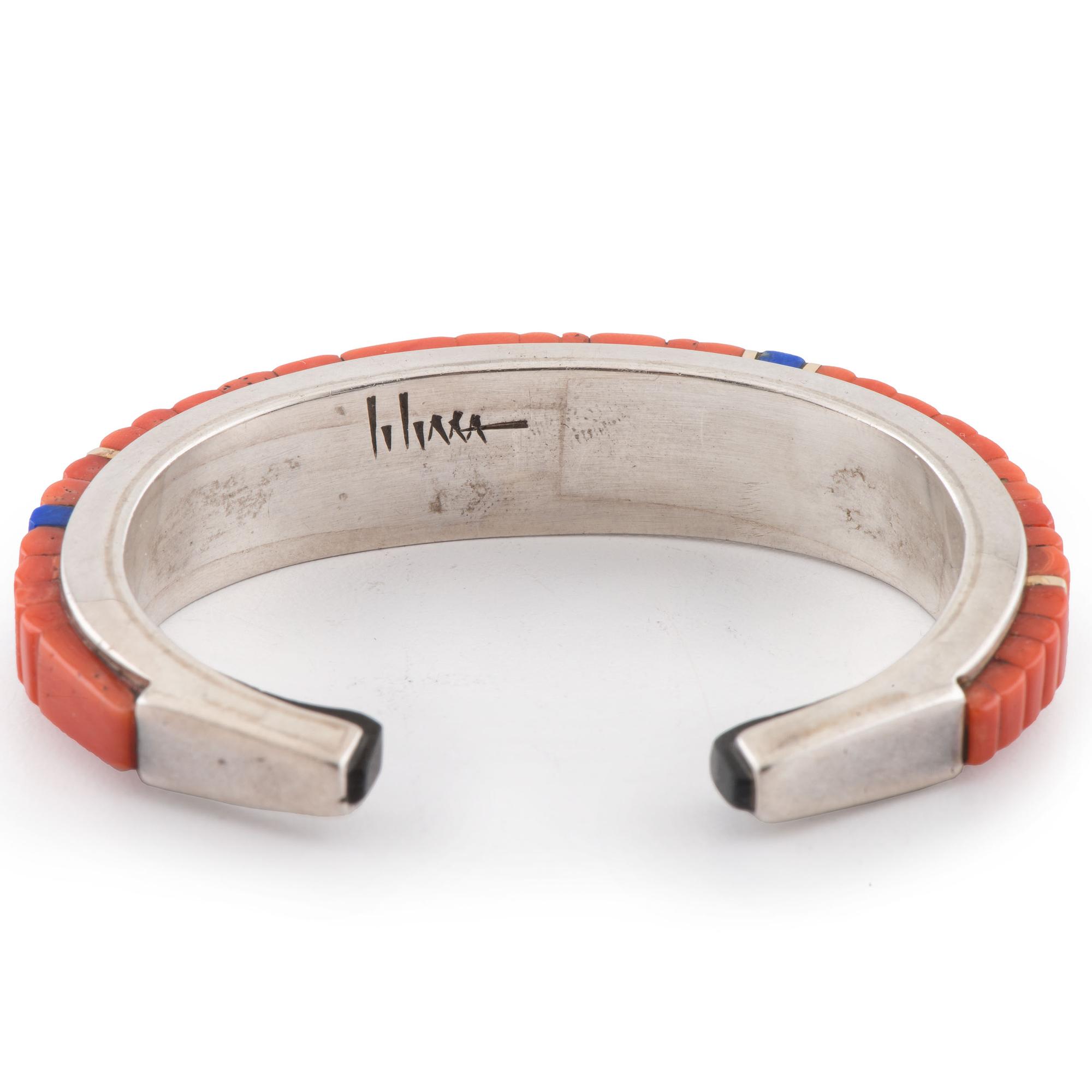 Silver, Coral, Lapis, and Ironwood Cuff Bracelet, with Gold Accents