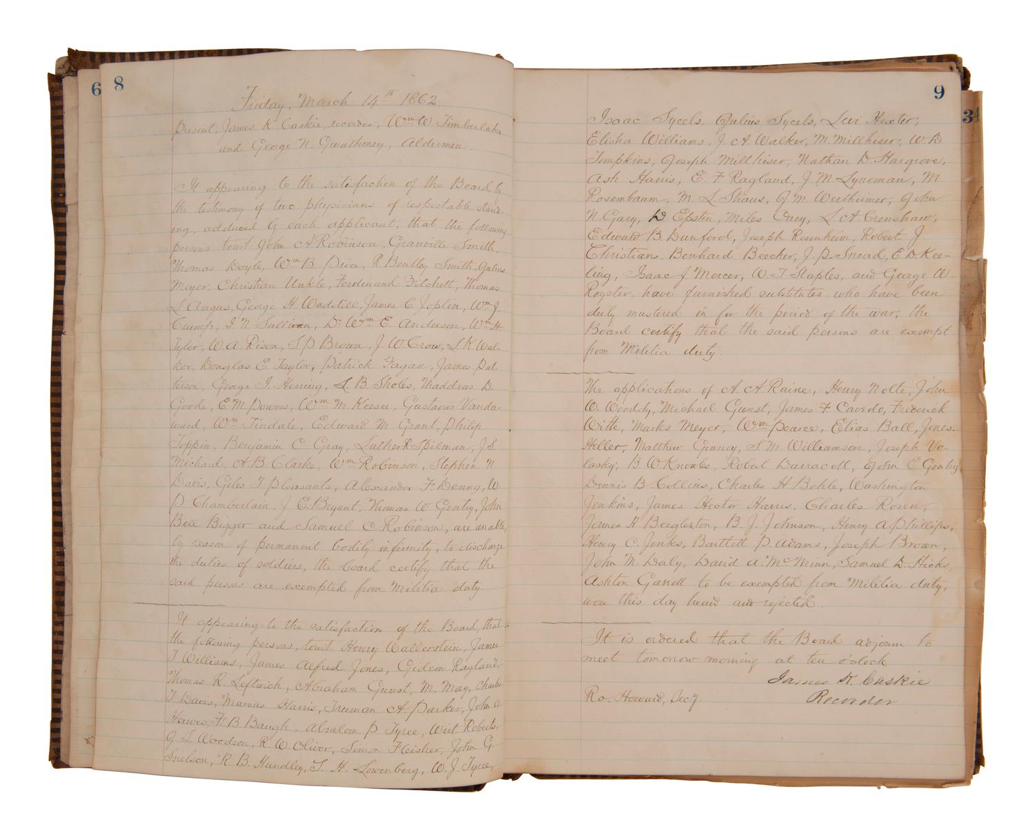 [CIVIL WAR - CONFEDERATE]. Ledger book containing records of military service exemptions and enlistments, Richmond, Virginia, 13-25 March 1862.