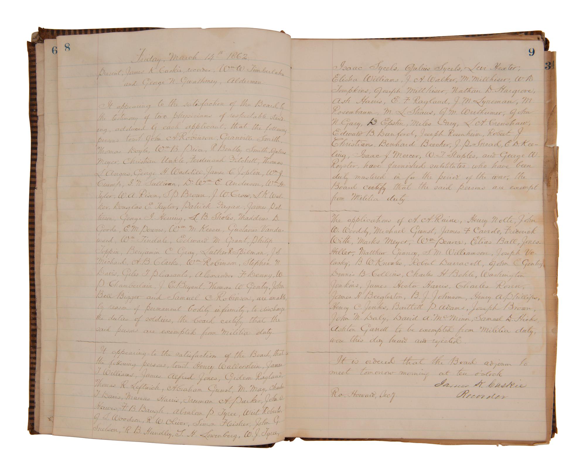 [CIVIL WAR - CONFEDERATE]. Ledger book containing records of military service exemptions and enlistments, Richmond, Virginia, 13-25 March 1862.