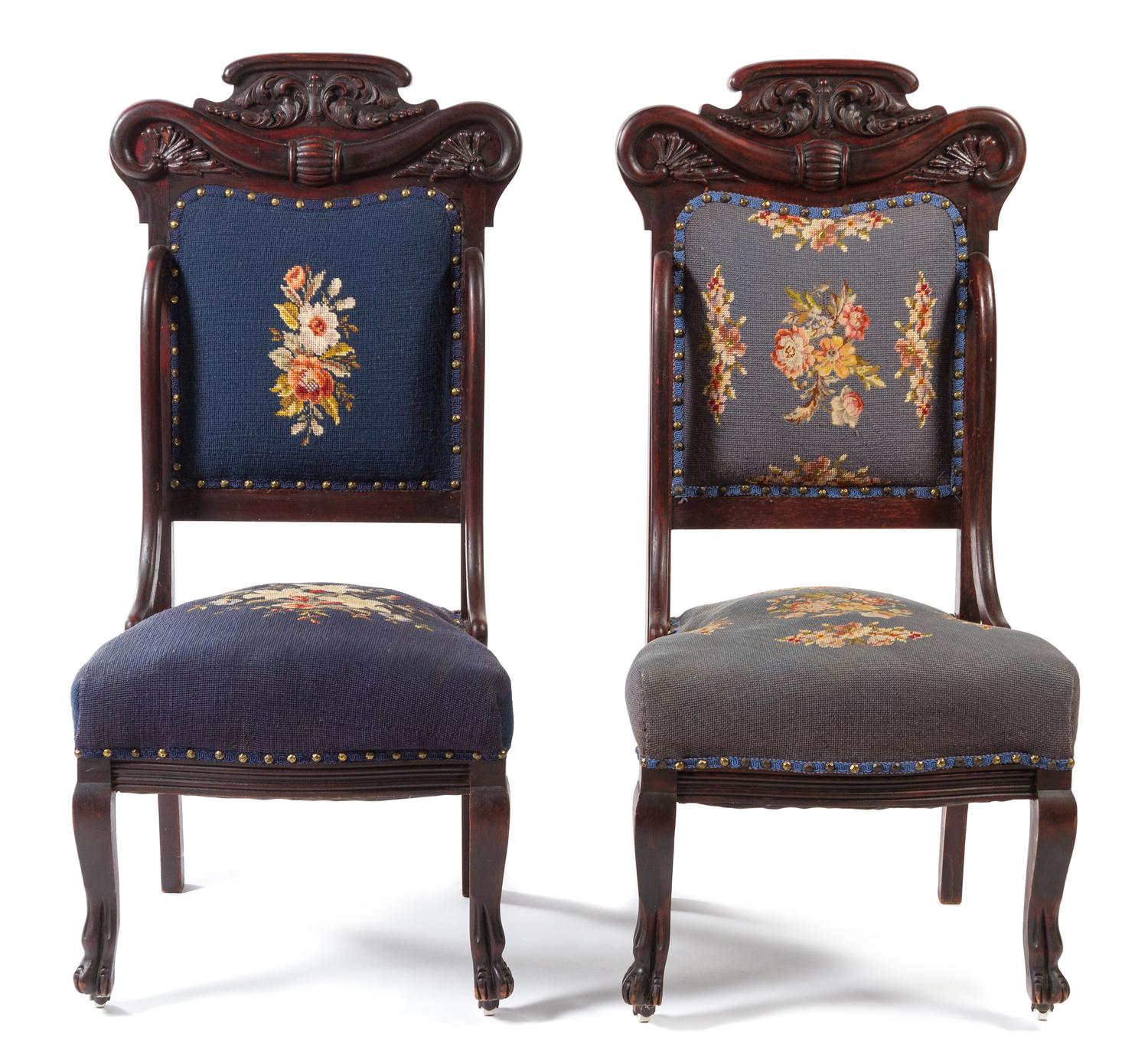 A Pair of Victorian Needlepoint Upholstered Side Chairs Height 41 1/2 inches. — LATE 19TH CENTURY