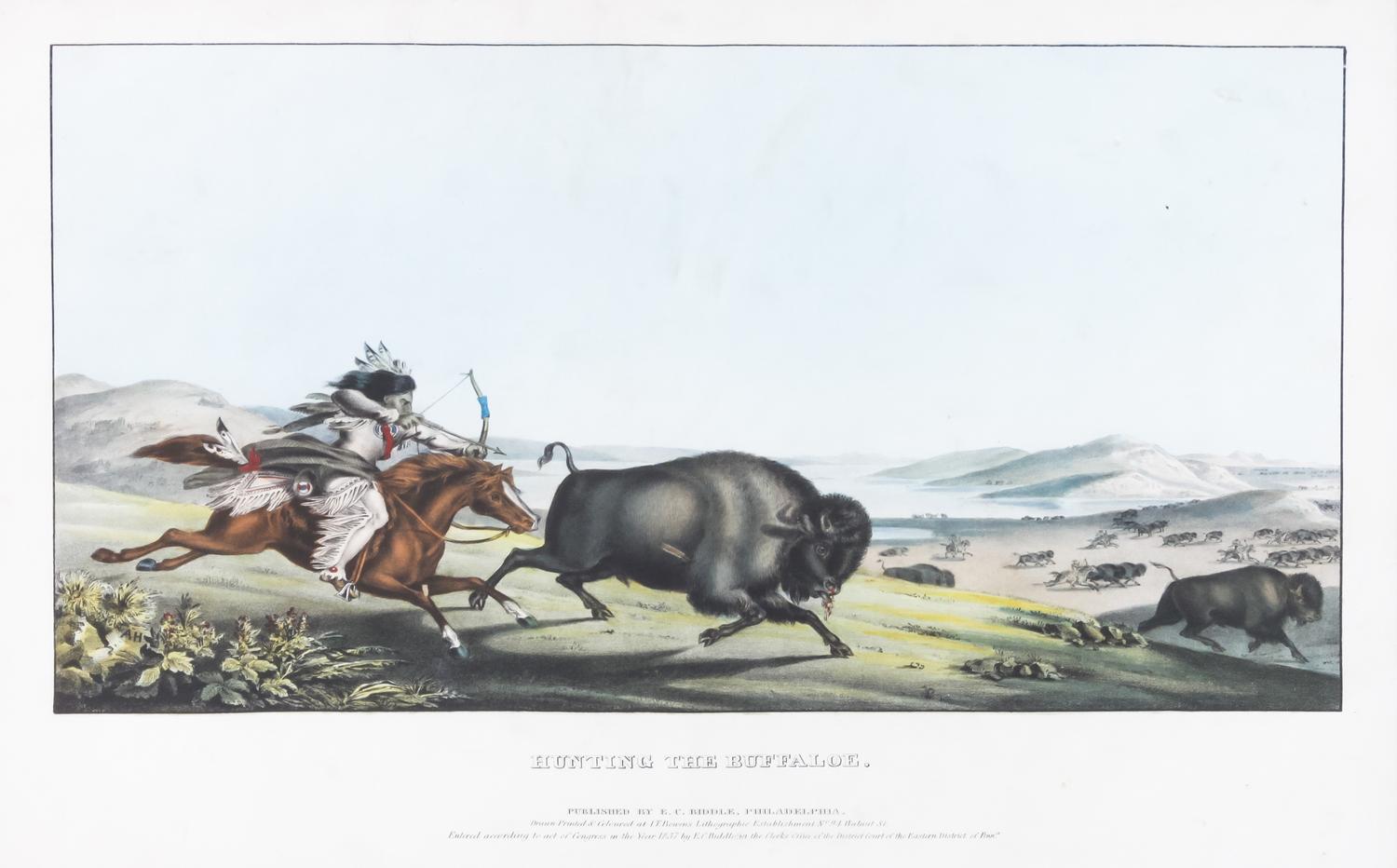 Peter Rindisbacher, (American, 1806-1934), lithograph with handcoloring,"Hunting the Buffaloe" fromHistory of the Indian Tribes of Nort