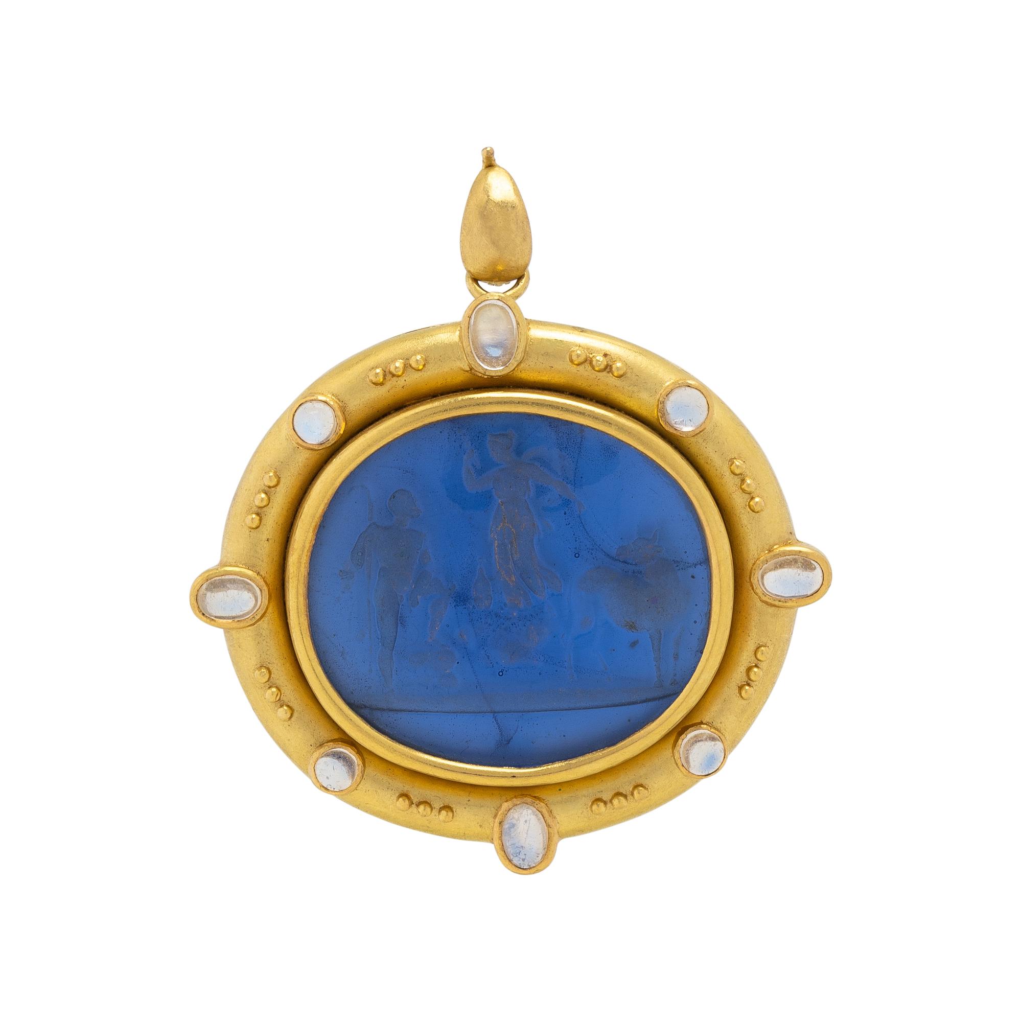 ELIZABETH LOCKE, BLUE VENETIAN GLASS, MOTHER-OF-PEARL, MOONSTONE, AND YELLOW GOLD INTAGLIO BROOCH PENDANT