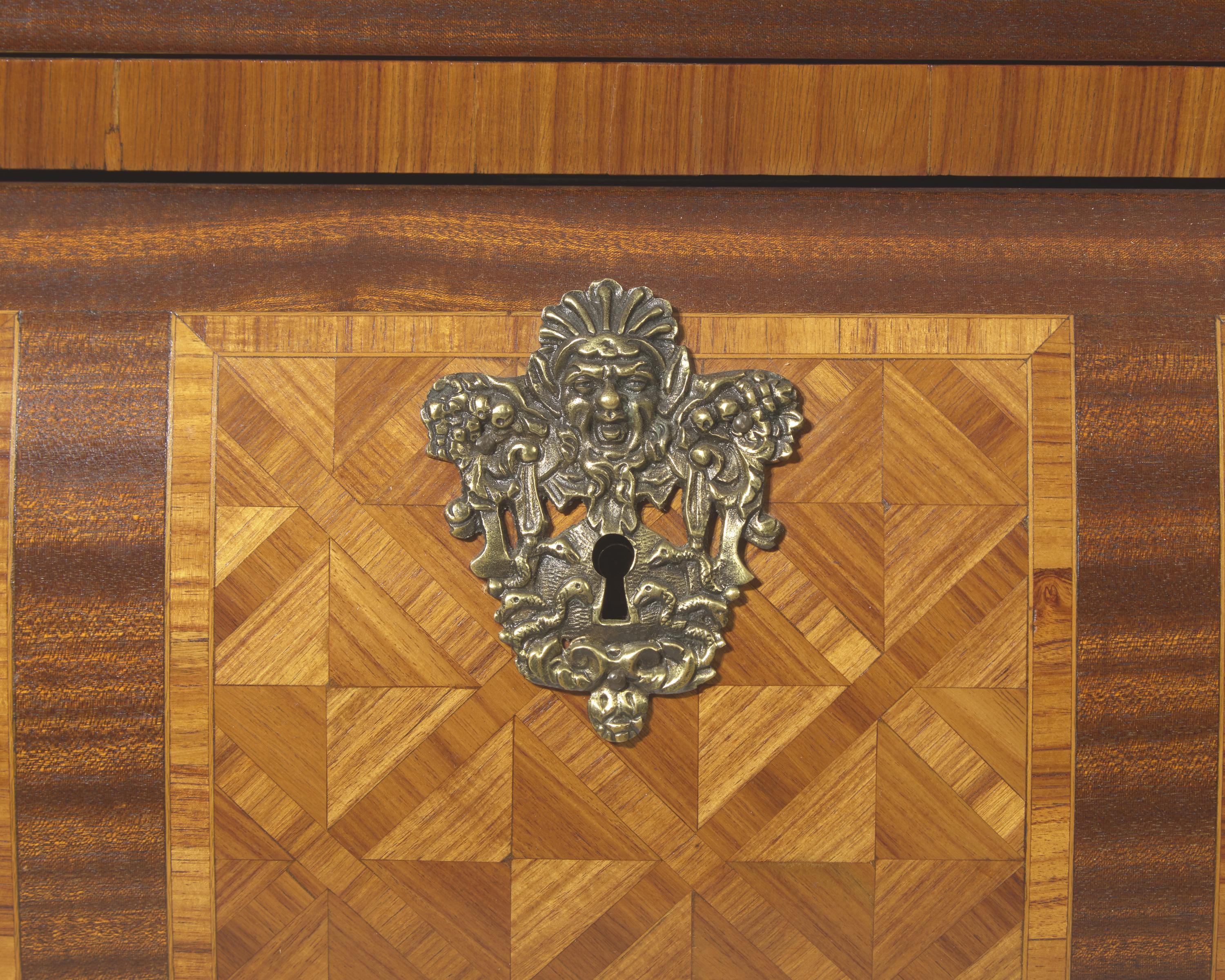 A Louis XV Style Gilt-Bronze Mounted Parquetry Bombé Commode with Breccia Persichina Marble Top