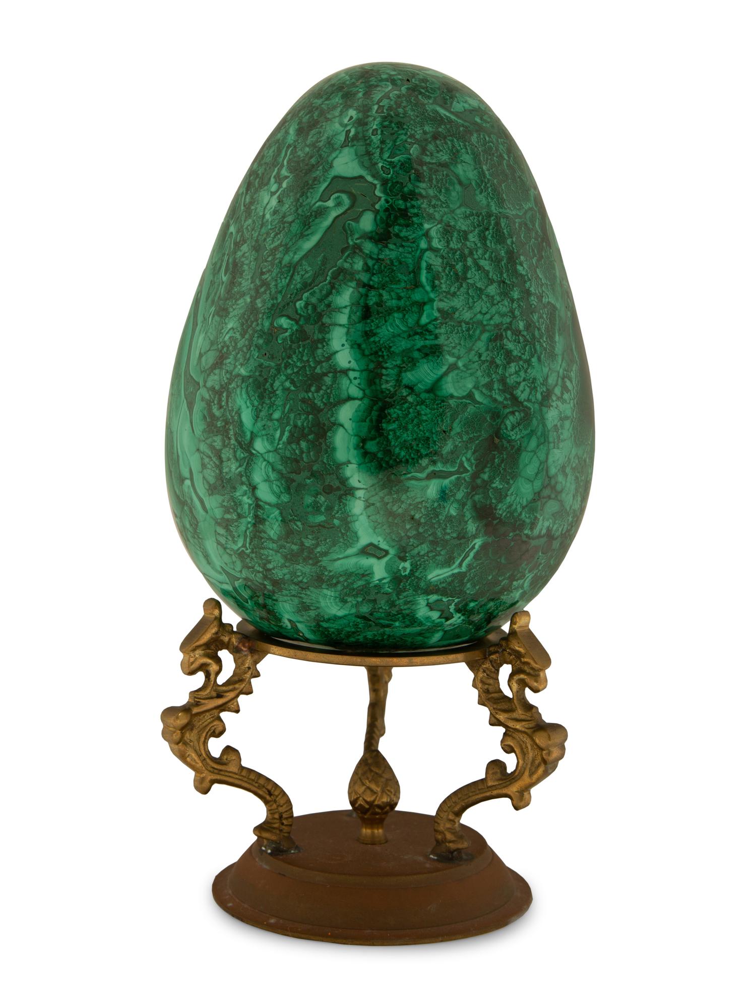 A Malachite Egg On Gilt Metal Stand — 20TH CENTURY