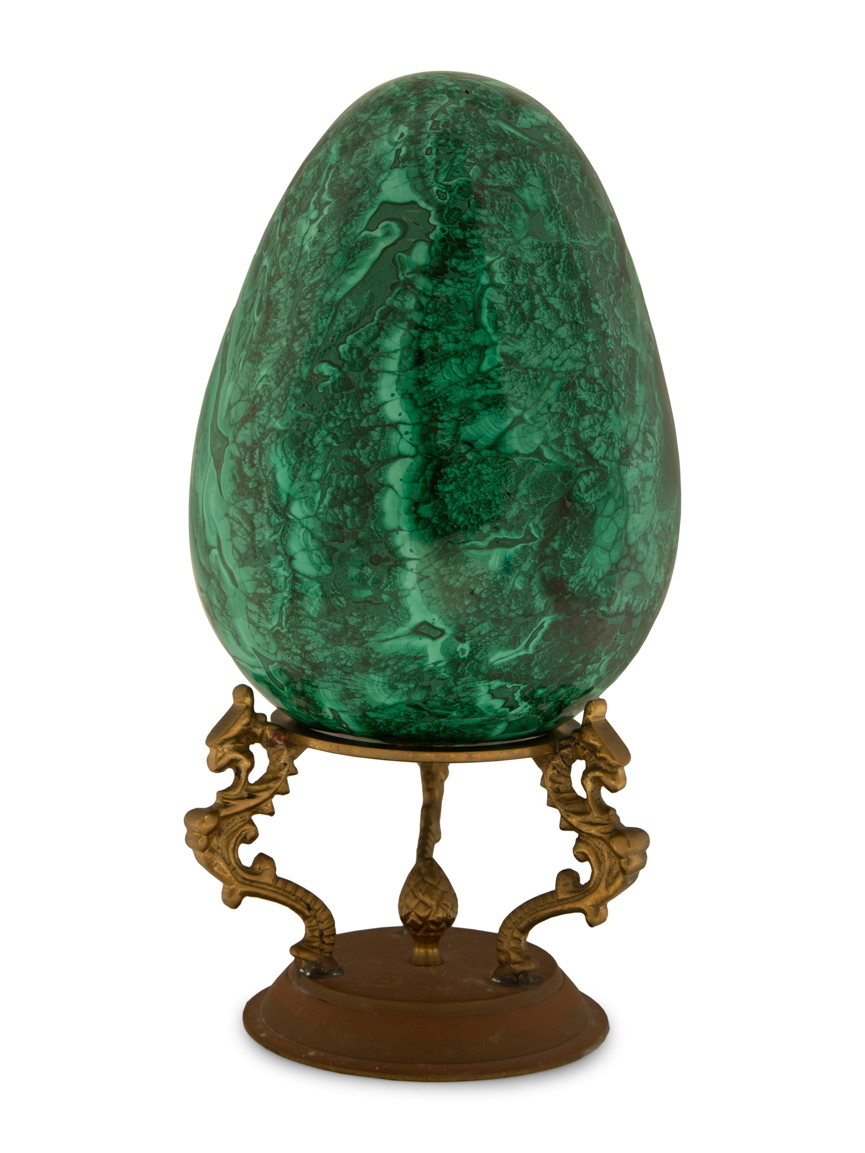 A Malachite Egg On Gilt Metal Stand — 20TH CENTURY