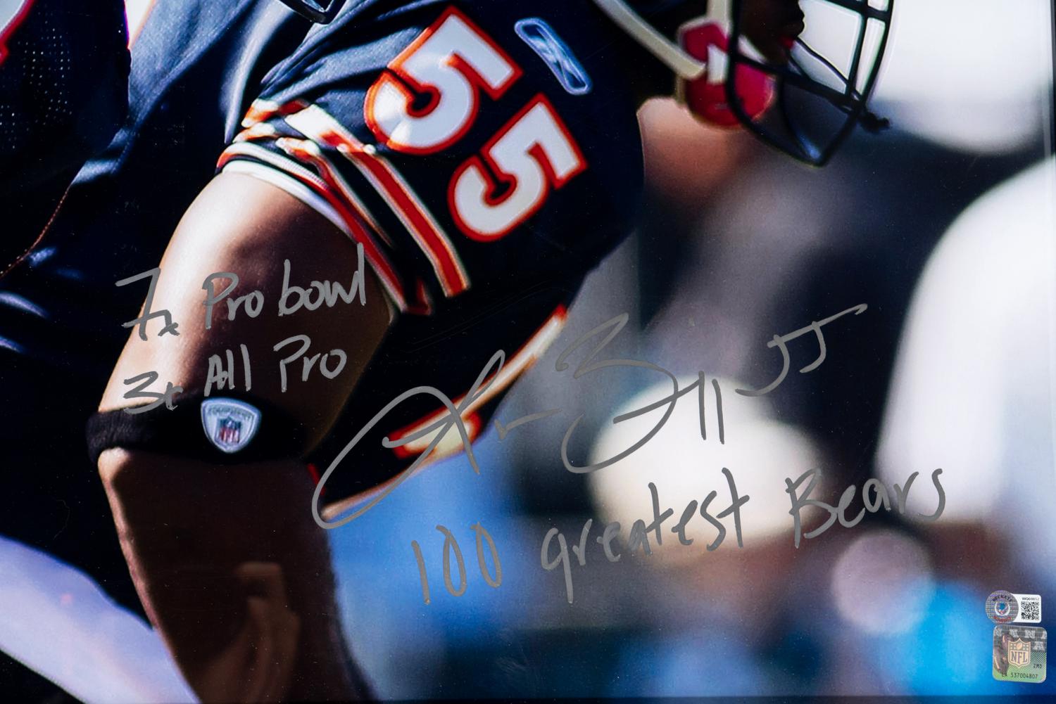 A Framed Chicago Bears Brian Urlacher and Lance Briggs Signed Autograph Oversized Photo With Multiple Inscriptions (Beckett Authentication Services Certified),