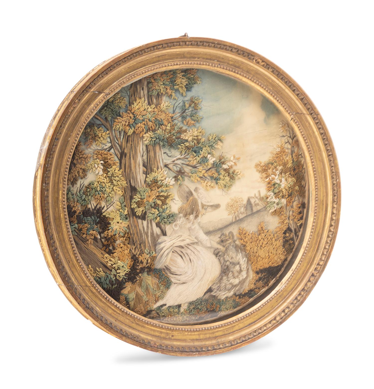 An English Needlework Picture of a Lady with a Dog