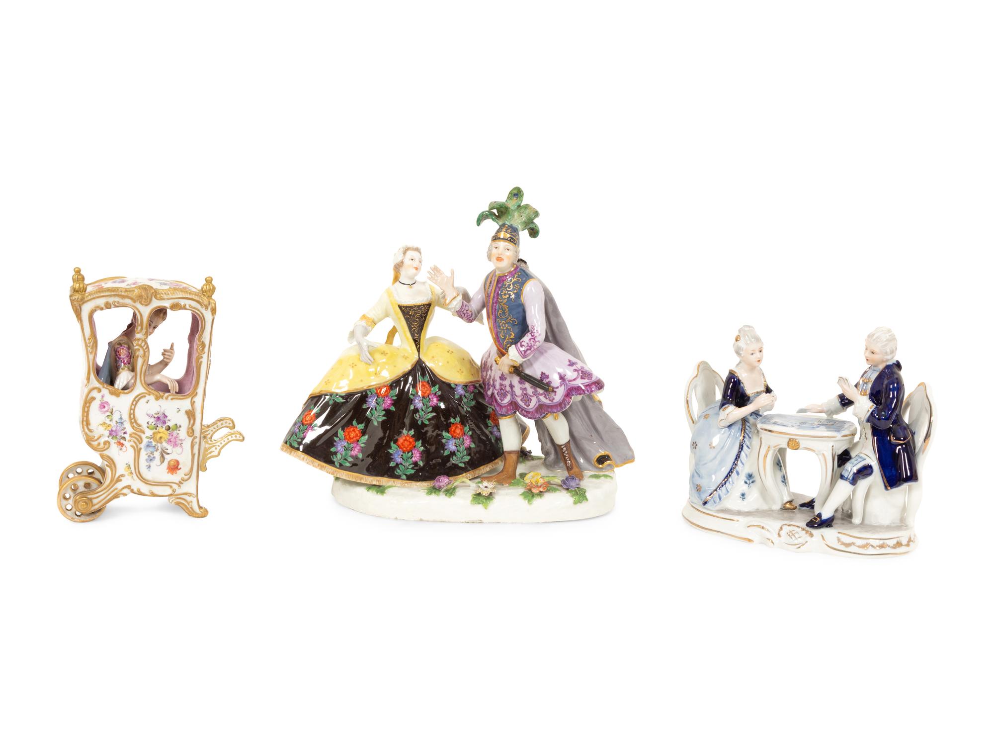 A Meissen Porcelain Sedan Chair and Two Figural Groups