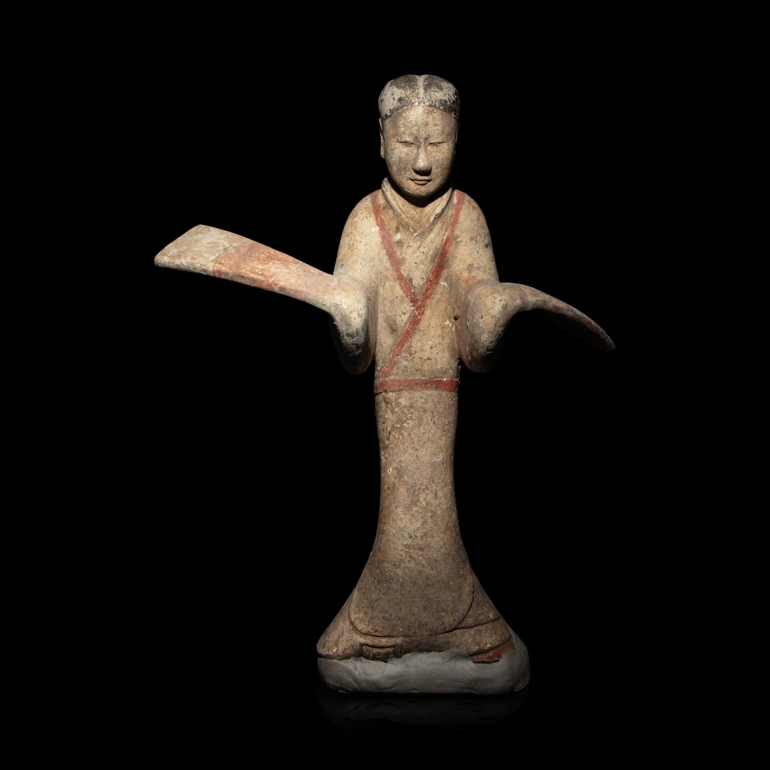 A Chinese Painted Pottery Dancing Lady with Long Sleeves, Han Dynasty — 漢 陶加彩舞女俑