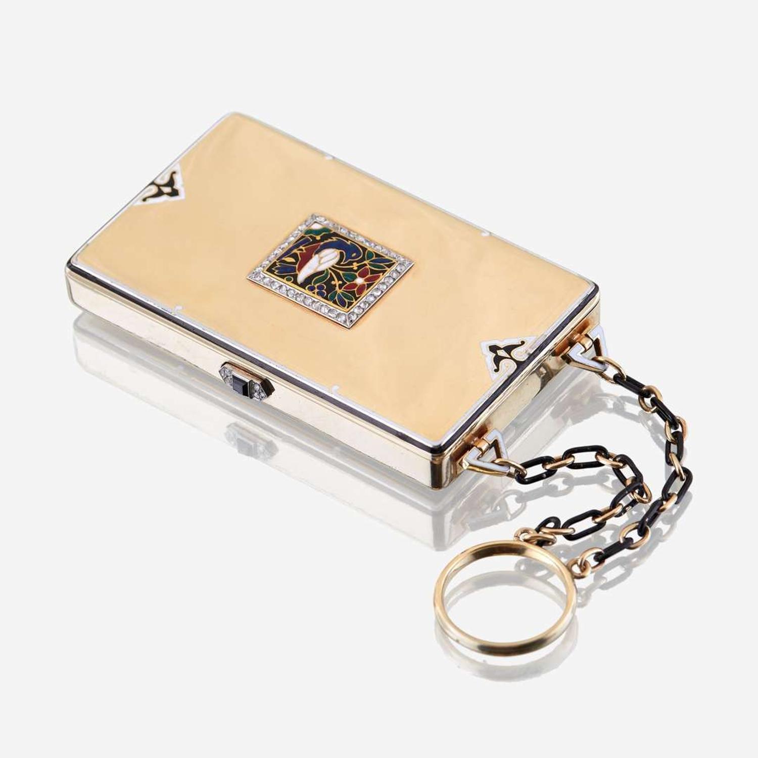 An eighteen karat gold, polychrome enamel, and diamond finger ring compact