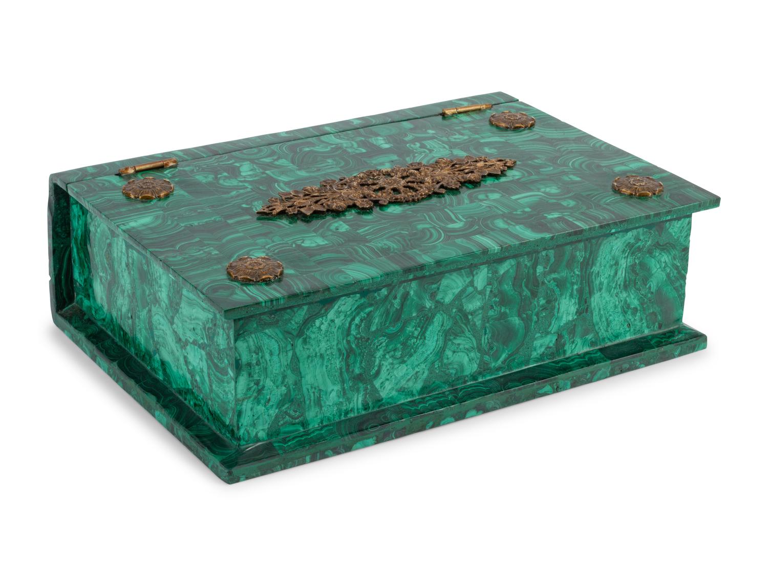 An Empire Style Gilt Metal Mounted Malachite Book-Form Table Casket
