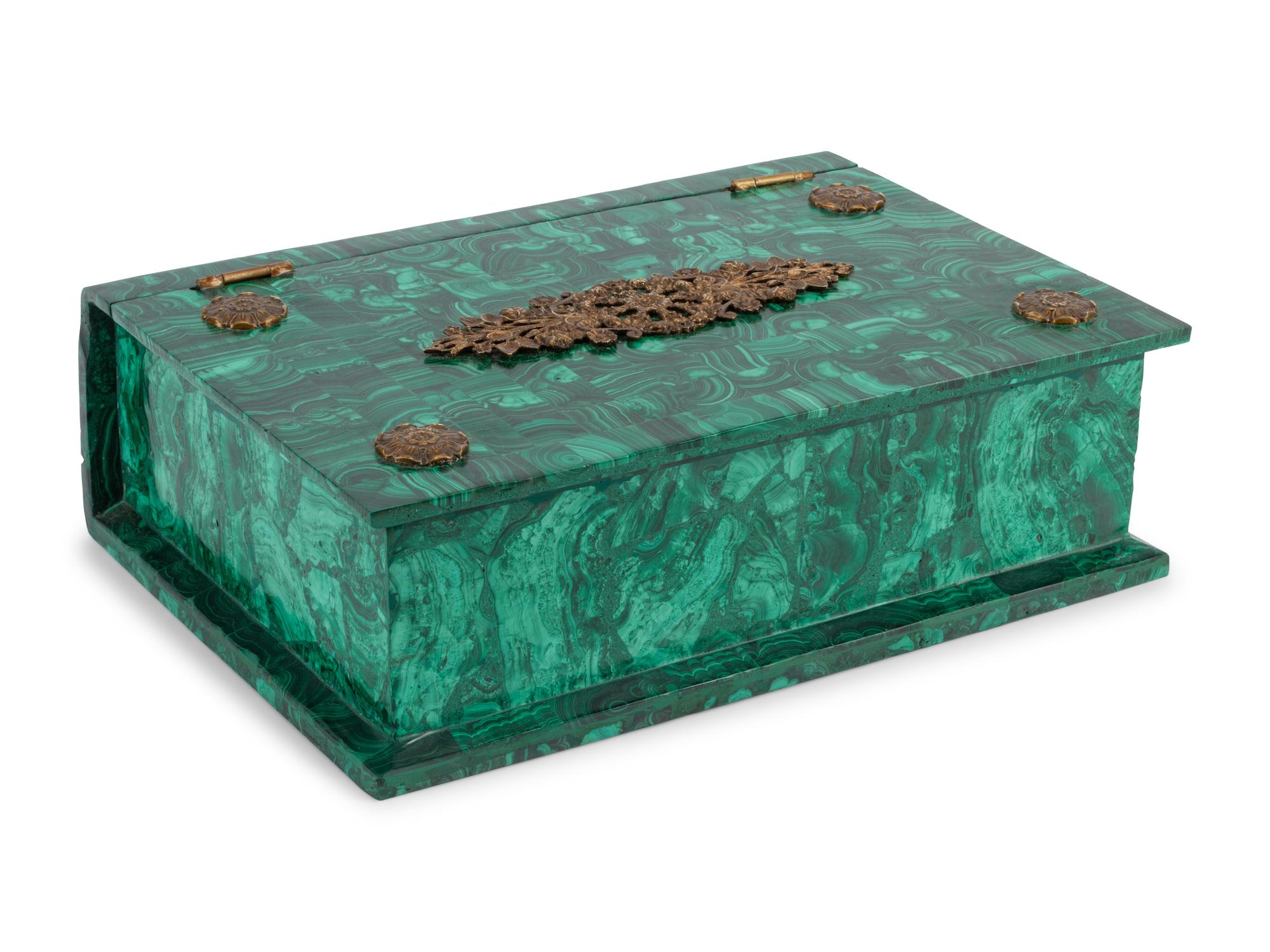 An Empire Style Gilt Metal Mounted Malachite Book-Form Table Casket