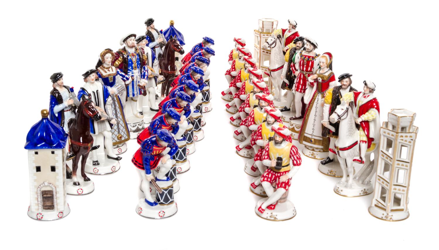 A Rudolf Kammer Porcelain Chess Set Height of tallest 6 3/4 inches. — 20TH CENTURY