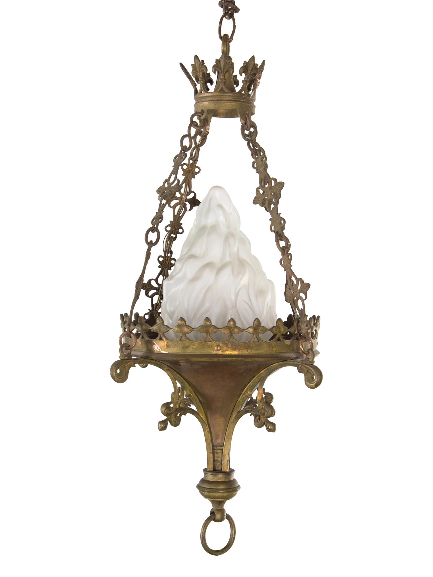 A Continental Brass and Frosted Glass Hall Lantern