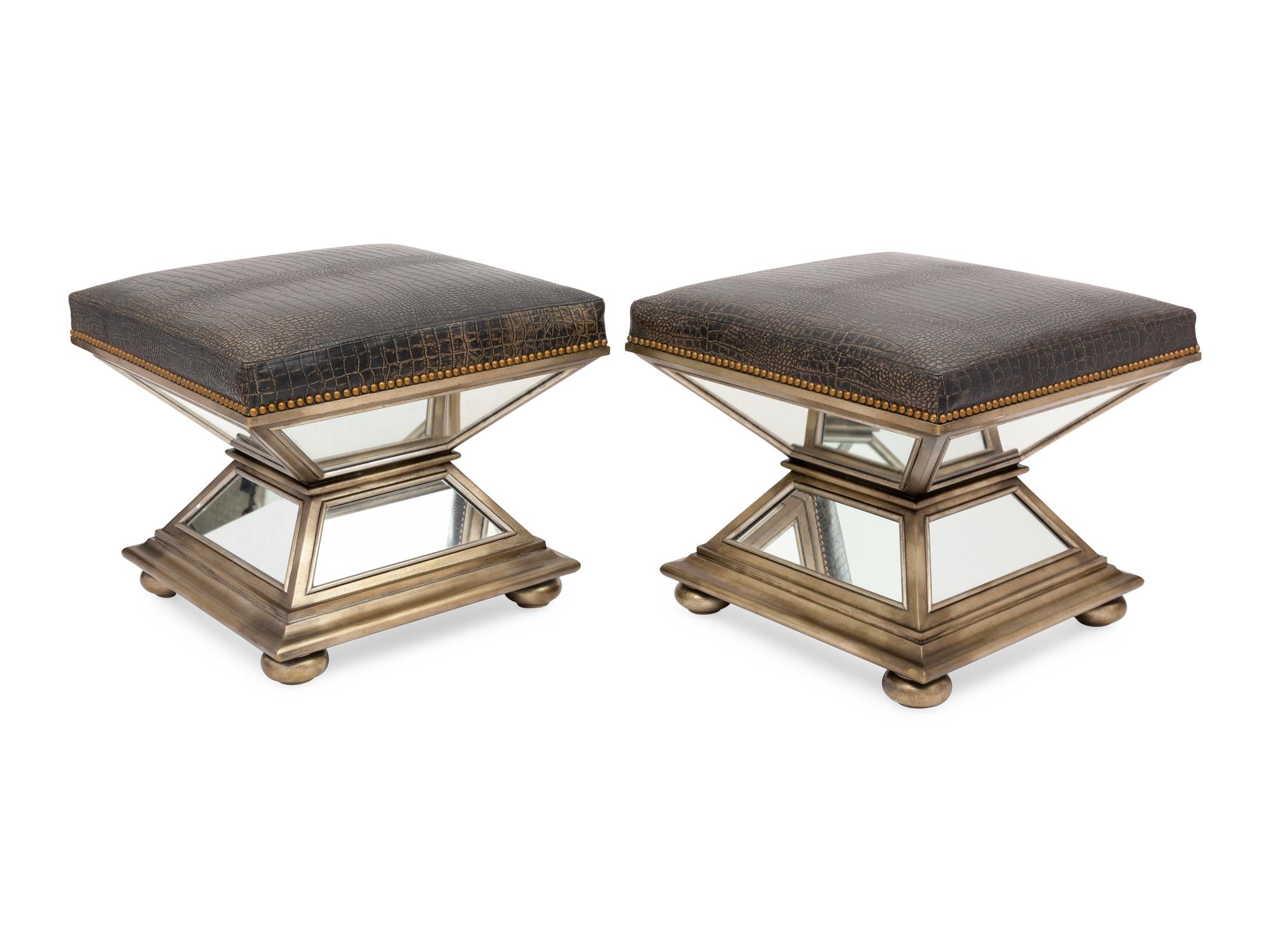 A Pair of Silvered and Mirrored Hourglass Stools