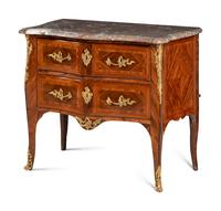 A Louis XV Gilt Bronze Mounted Kingwood and Tulipwood Marble-Top Commode