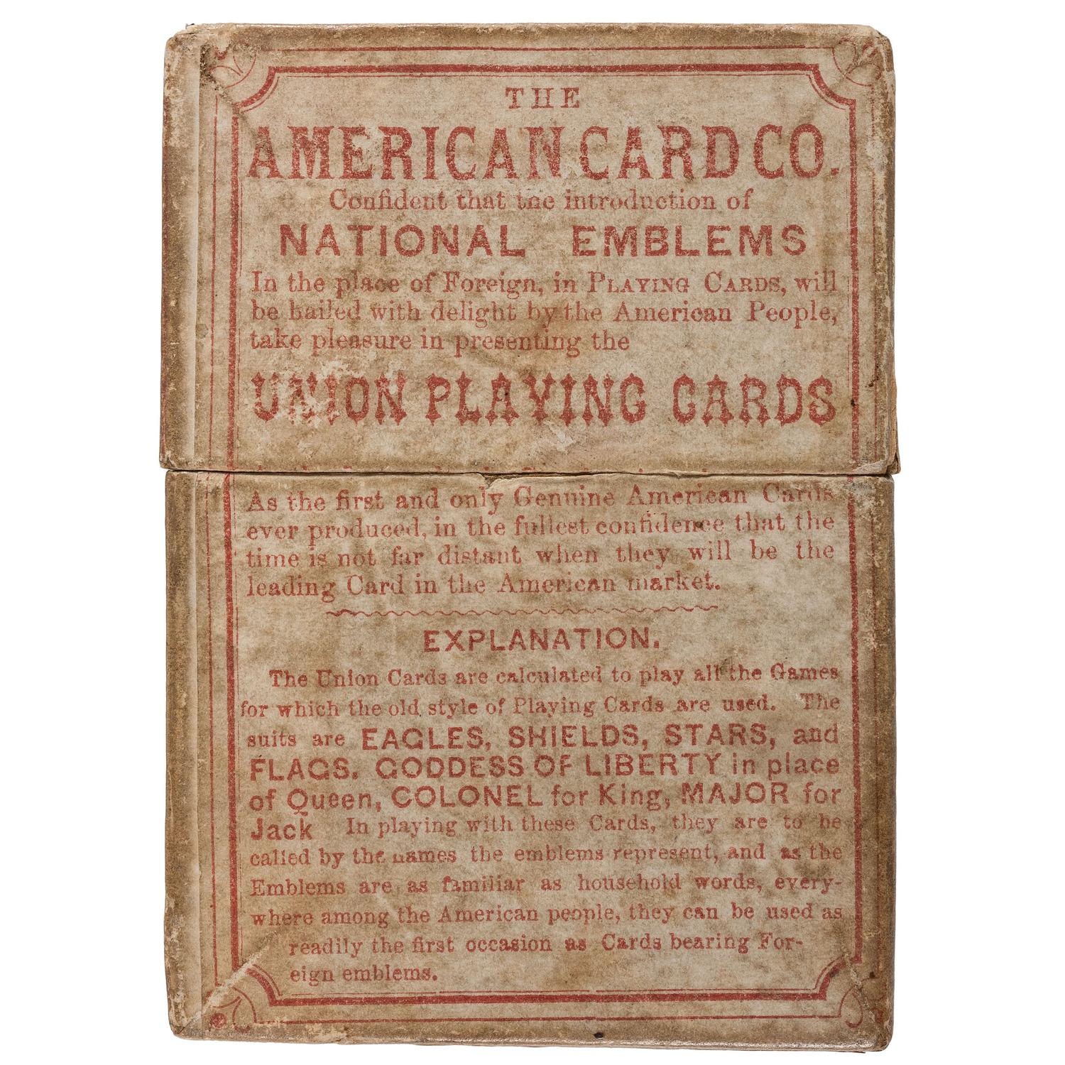 Union Playing Cards . New York: American Card Co., [ca 1864]. Complete set of Civil War playing cards with original box.