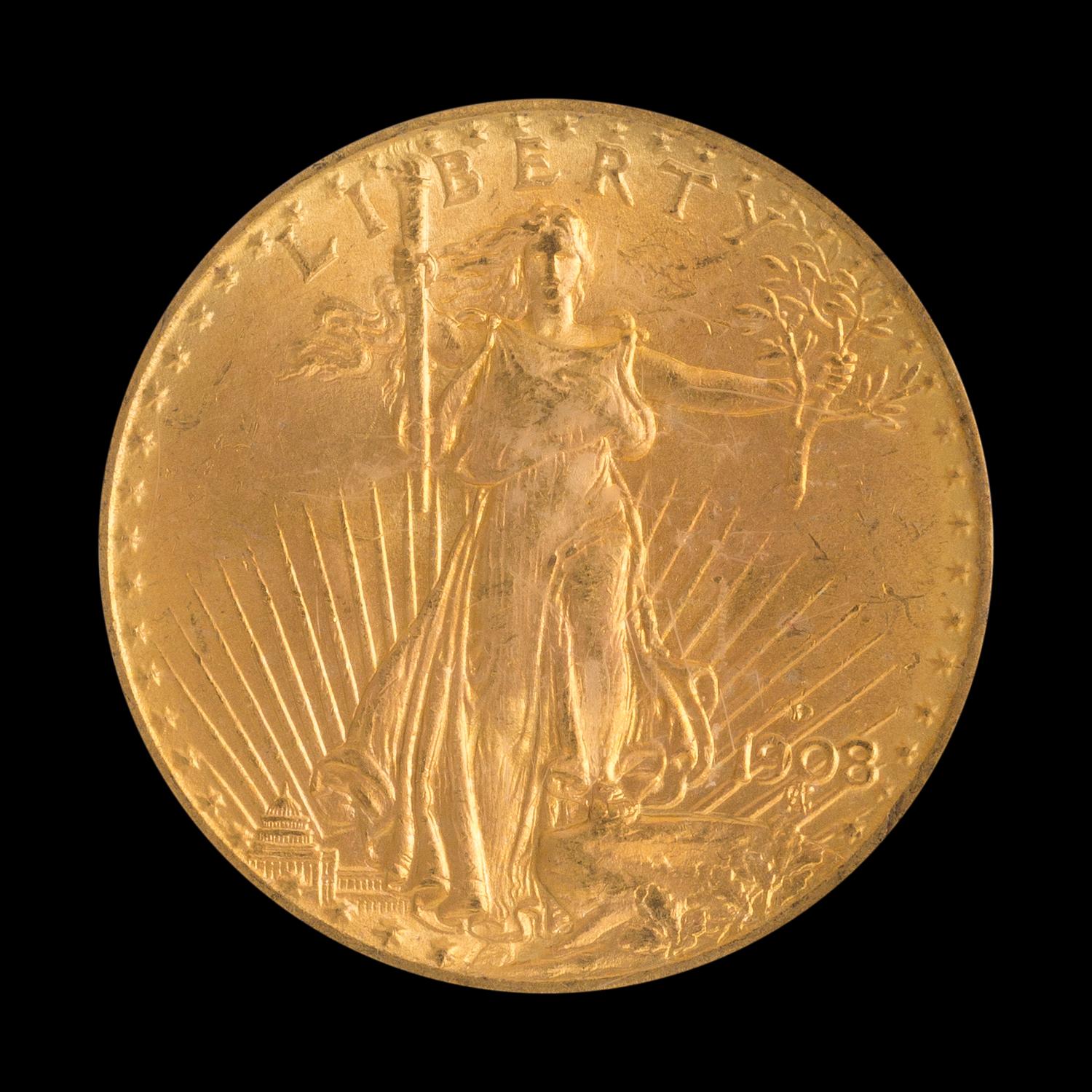 A United States 1908-D Saint-Gaudens: No Motto $20 Gold Coin