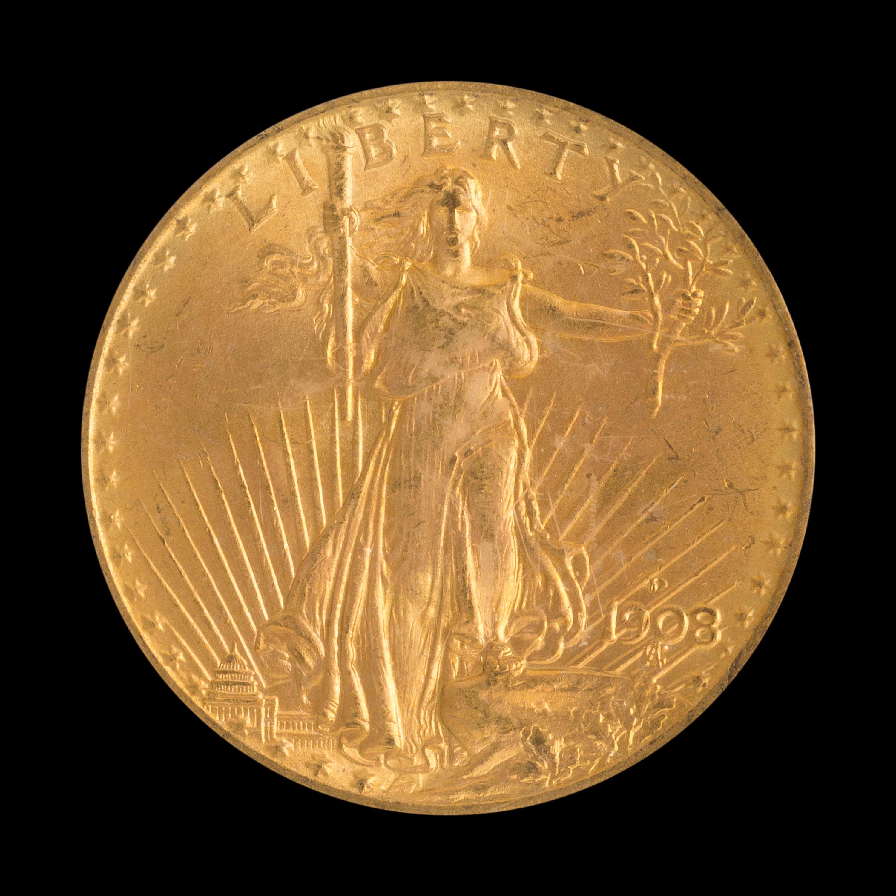 A United States 1908-D Saint-Gaudens: No Motto $20 Gold Coin