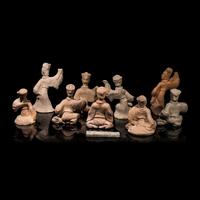 Nine Chinese Sichuan Style Pottery Figures of Musicians and Dancers, Han Dynasty — 漢 四川風格灰陶伎樂俑一組九件