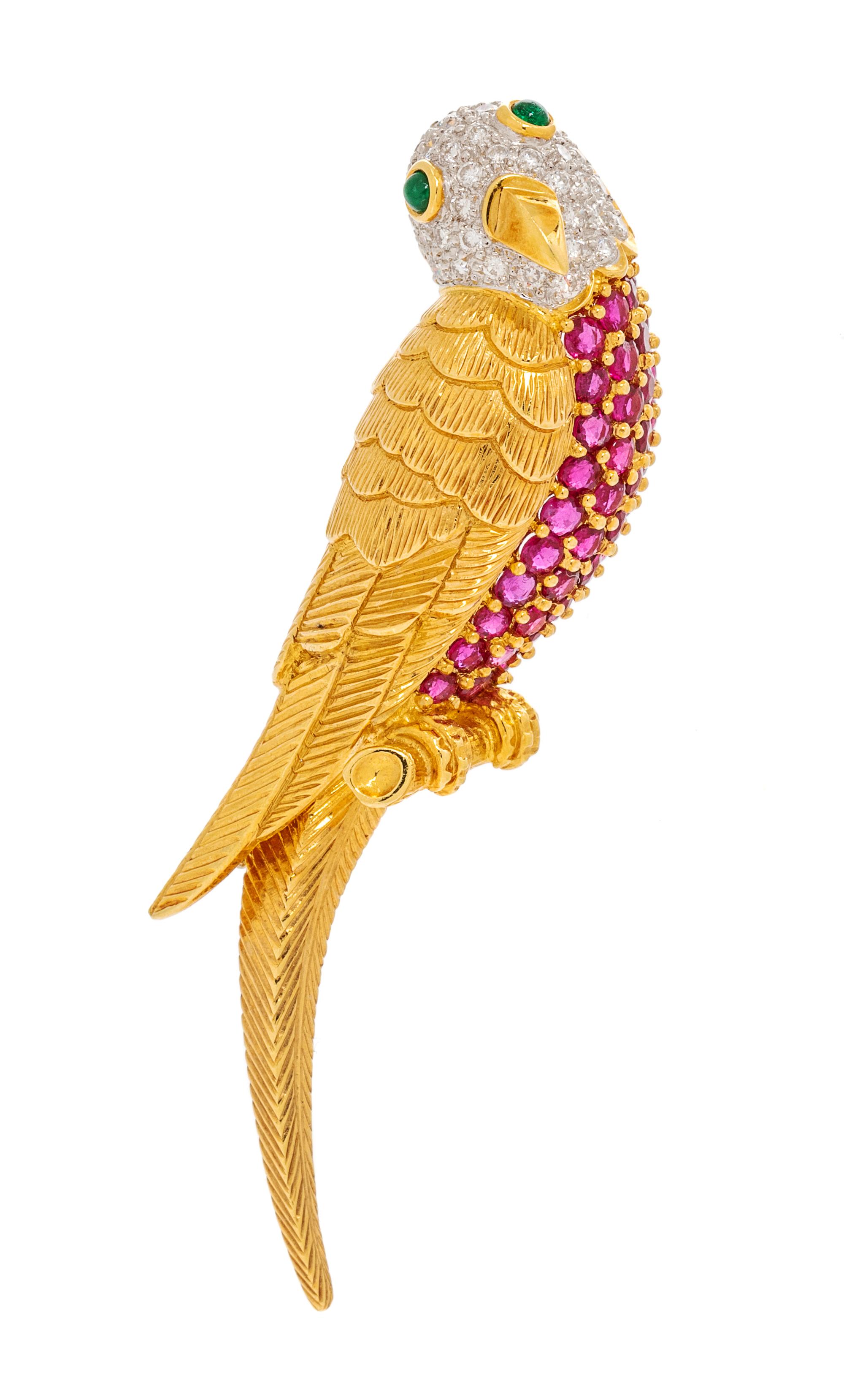 An 18 Karat Yellow Gold, Ruby, Diamond and Emerald Parrot Brooch, 11.50 dwts.