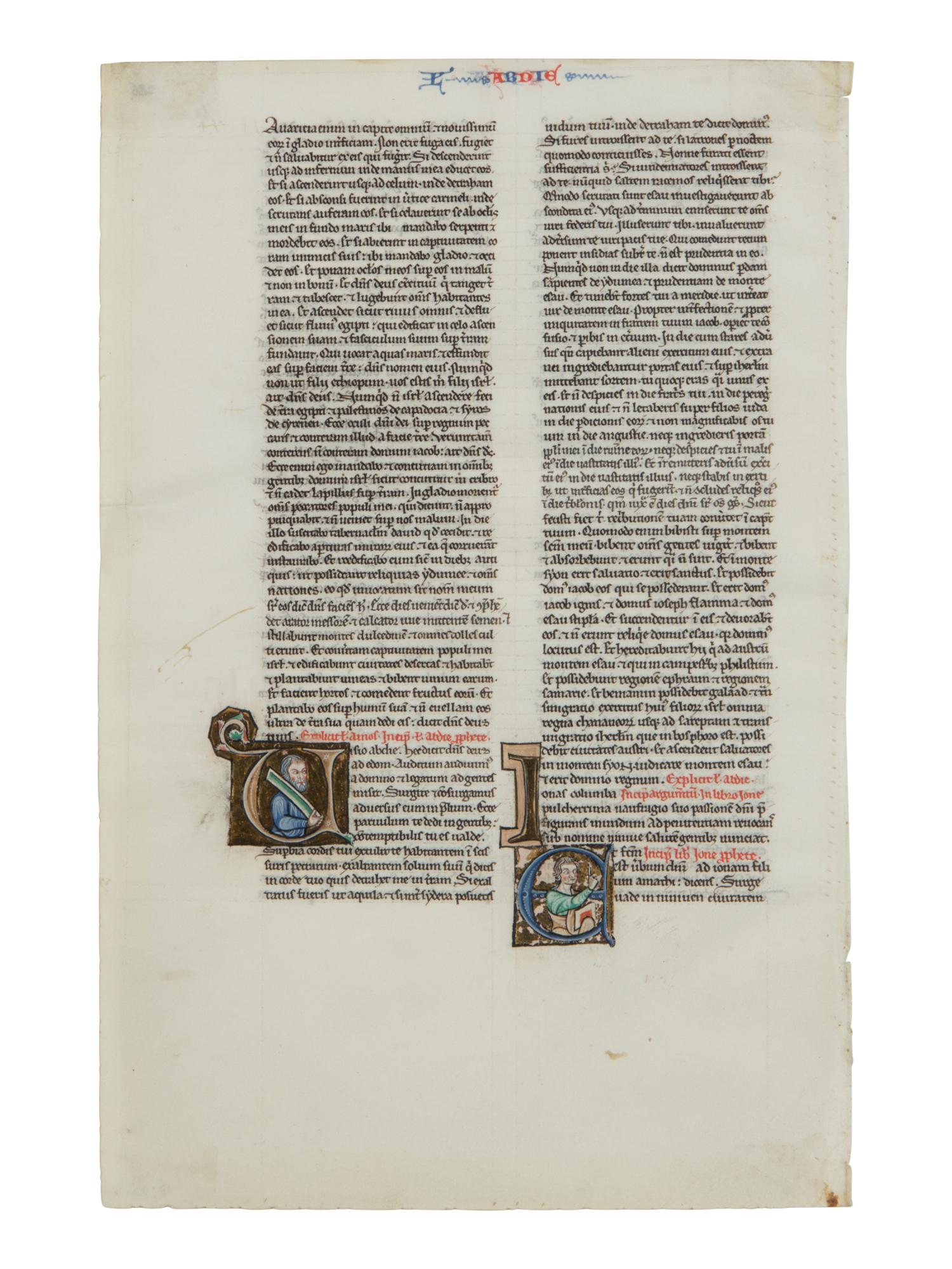 HORNBY-COCKERELL GROUP Cutting with initial historiated initial ‘U’ and ‘E’ from the Huth-Hornby-Cockerell-Haddaway Bible, in Latin, illuminated manuscript on parchment [France, Paris, c. 1210–20]
