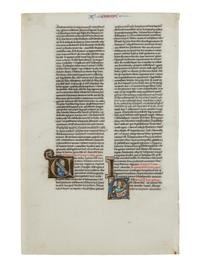 HORNBY-COCKERELL GROUP Cutting with initial historiated initial ‘U’ and ‘E’ from the Huth-Hornby-Cockerell-Haddaway Bible, in Latin, illuminated manuscript on parchment [France, Paris, c. 1210–20]